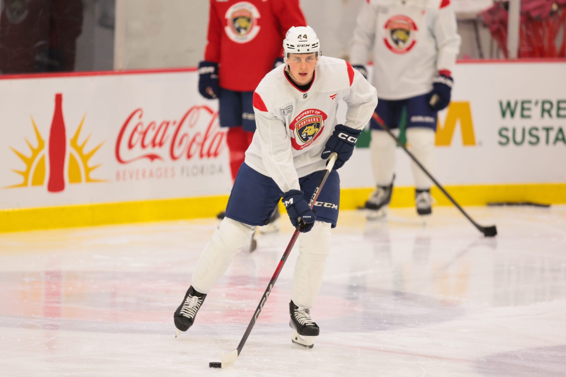 Florida Panthers right wing MacKenzie Entwistle (44) moves the puck during training camp at Baptist Health IcePlex.