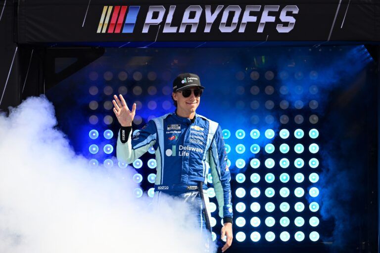 NASCAR Cup Series driver Carson Hocevar (77) is introduced before the start of the Mobil 1 301 at New Hampshire Motor Speedway.