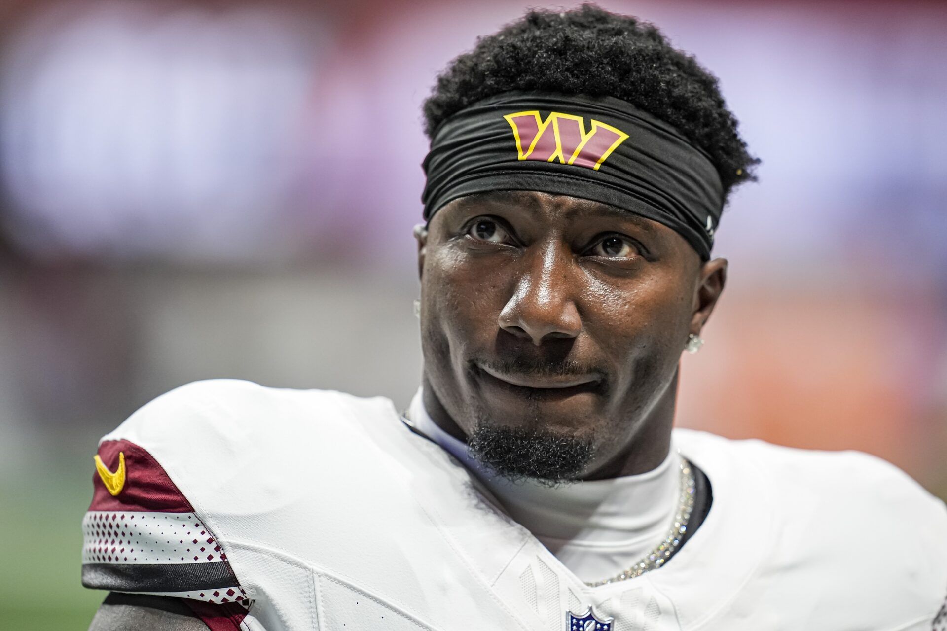 Washington Commanders wide receiver Deebo Samuel (1) shown on the field during the game against the Atlanta Falcons at Mercedes-Benz Stadium.