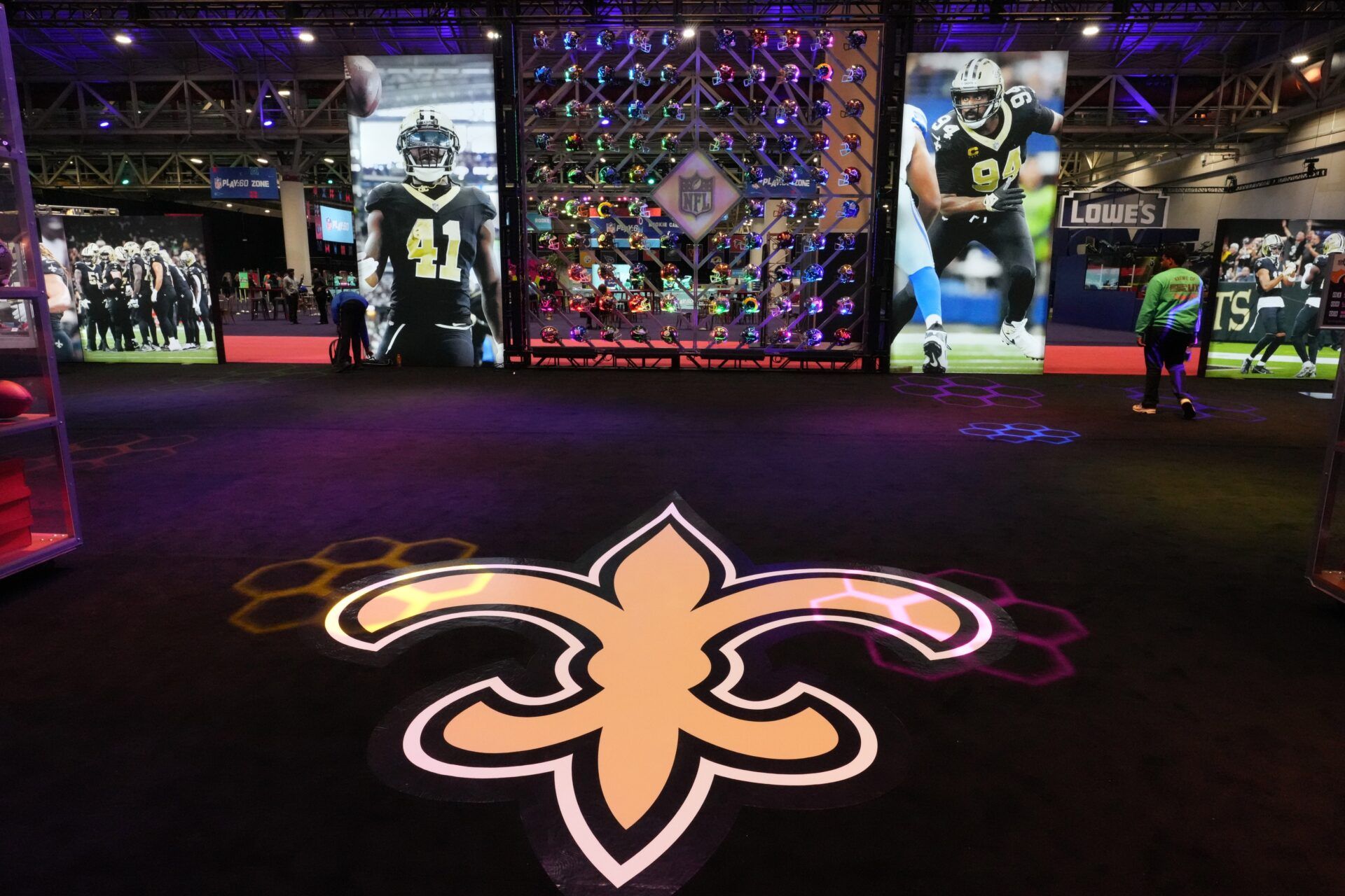 The New Orleans Saints logo at the Super Bowl LIX Experience at the Ernest N. Morial Convention Center.