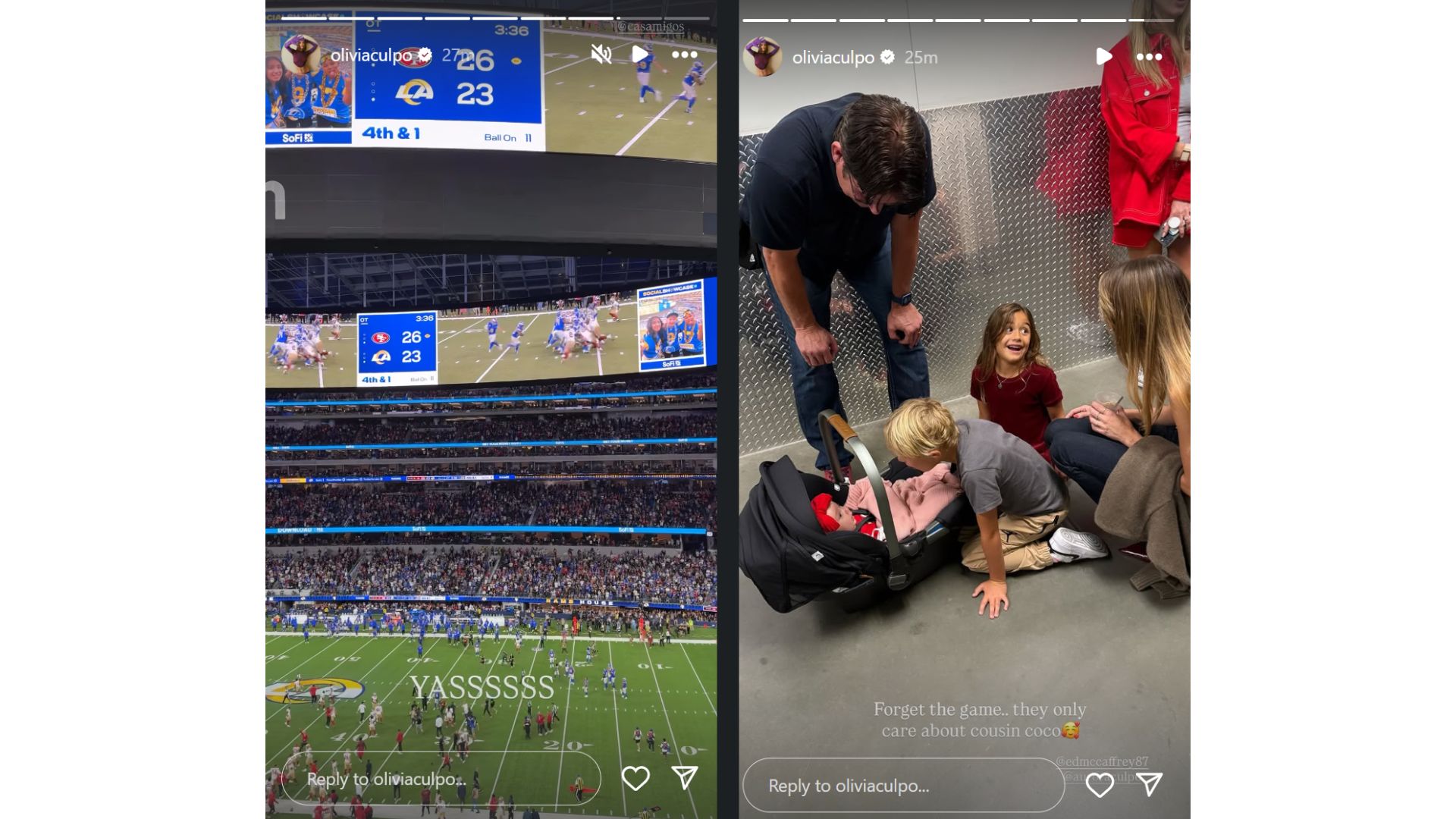 Christian McCaffrey's wife Olivia Culpo celebrates 49ers' Week 5 win vs. LA Rams