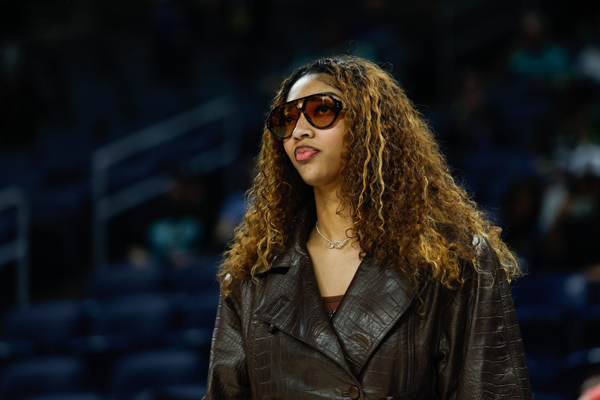 Injured Chicago Sky forward Angel Reese (5) stands on the sidelines before a WNBA game against the New York Liberty at Wintrust Arena.