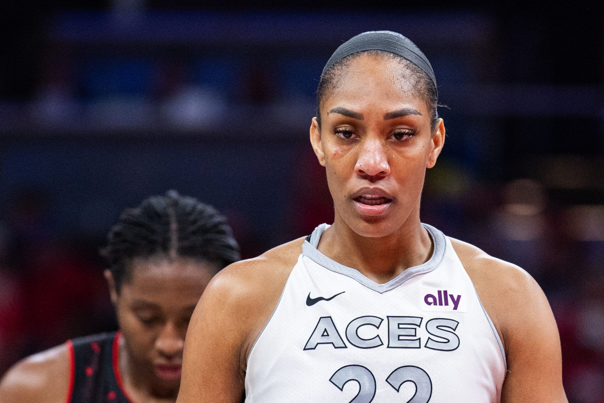 Las Vegas Aces center A'ja Wilson (22) looks on during game three against the Indiana Fever of the second round for the 2025 WNBA Playoffs at Gainbridge Fieldhouse.