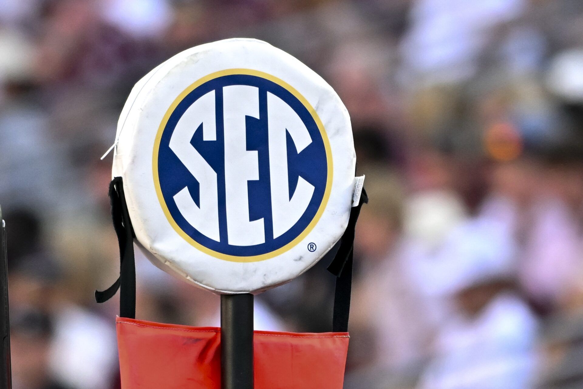 A detail view of the SEC logo on a chain marker during the game between the Texas A&M Aggies and the Auburn Tigers at Kyle Field.