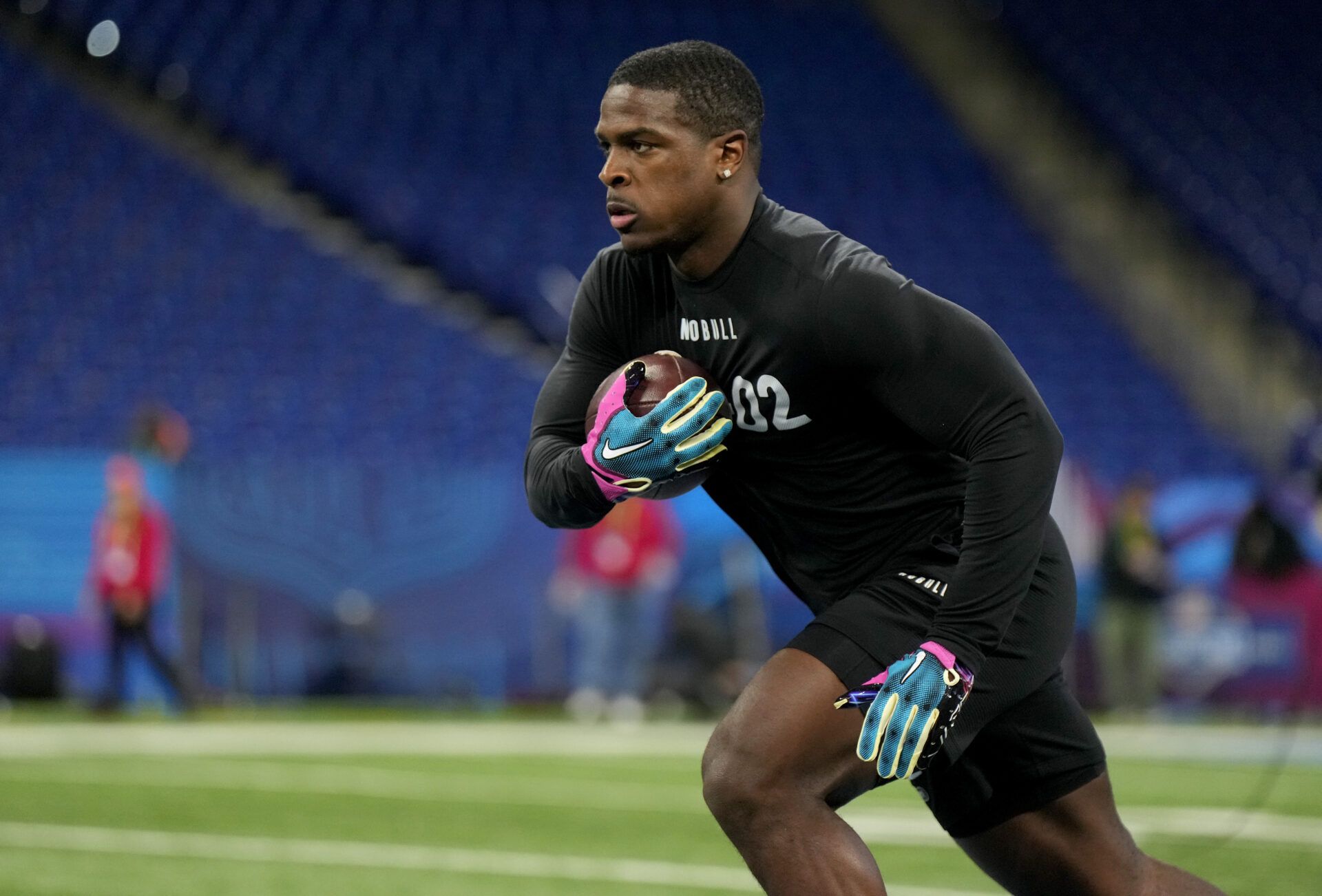 Texas A&M running back Devon Achane (RB02) during the NFL Scouting Combine at Lucas Oil Stadium.