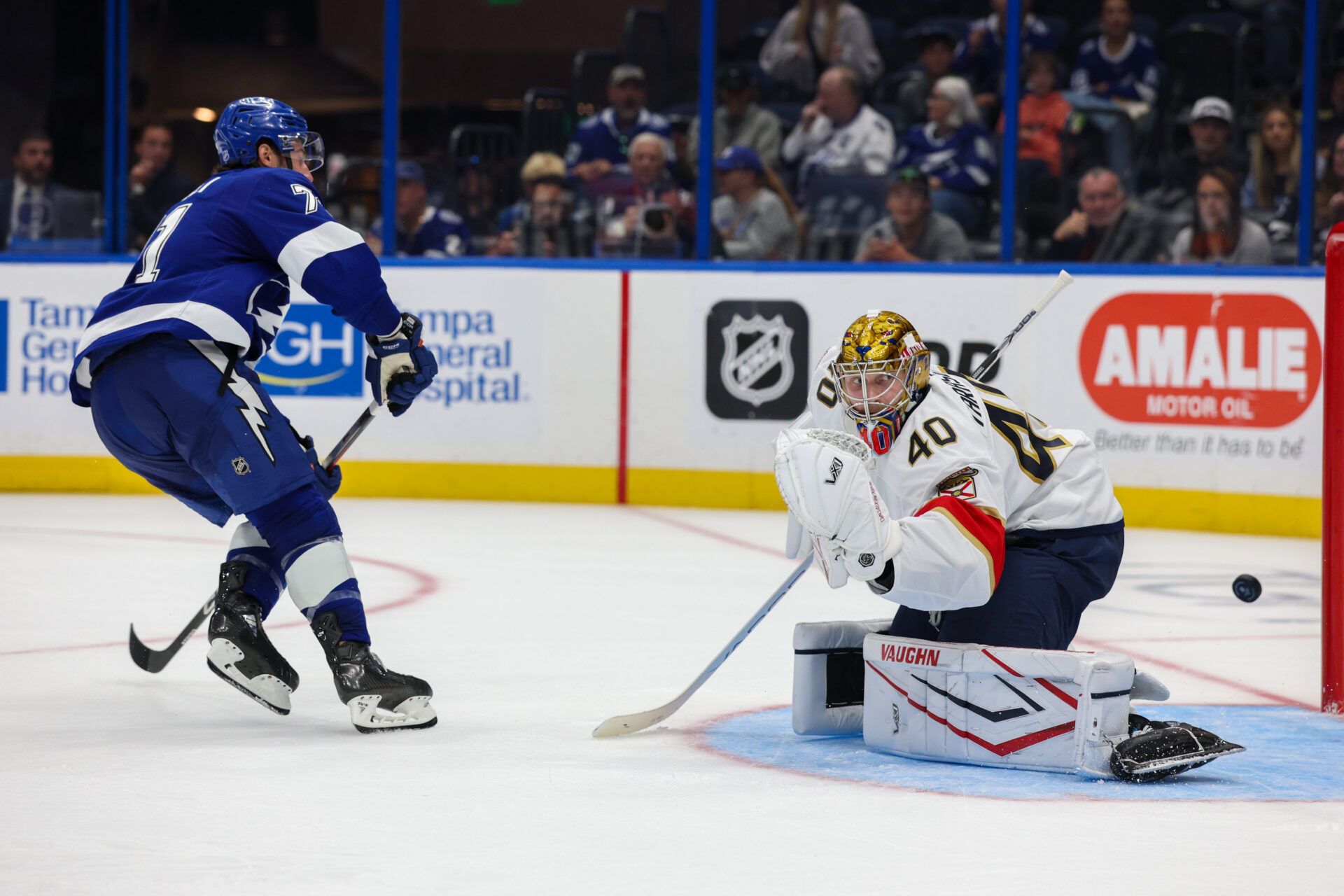 Tampa Bay Lightning center Anthony Cirelli (71) scores a goal past Florida Panthers goaltender Daniil Tarasov (40) in the third period at Benchmark International Arena.