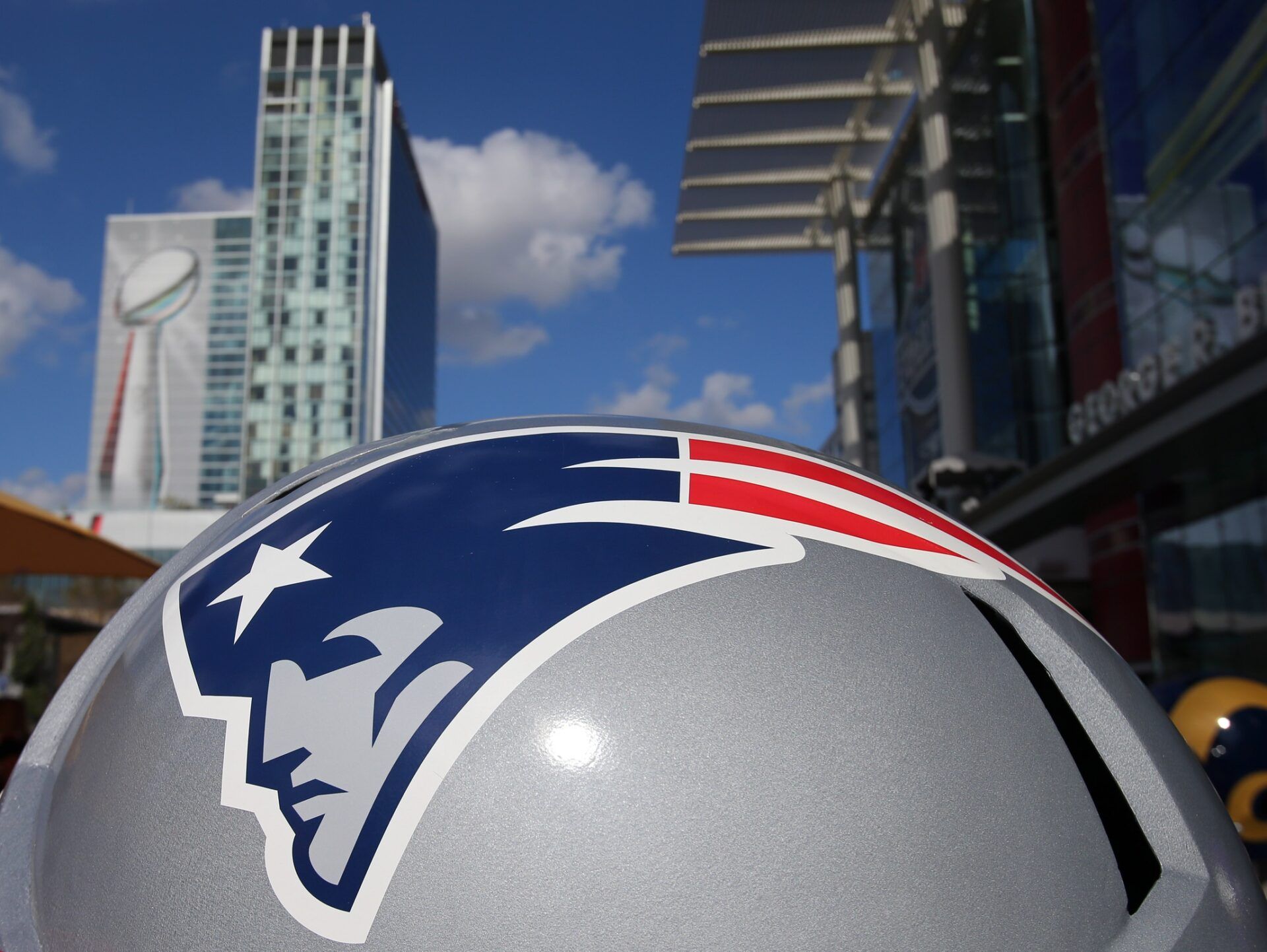 Detailed view of the New England Patriots logo on a helmet sculpture outside the George R. Brown Convention Center in preparation for Super Bowl LI.