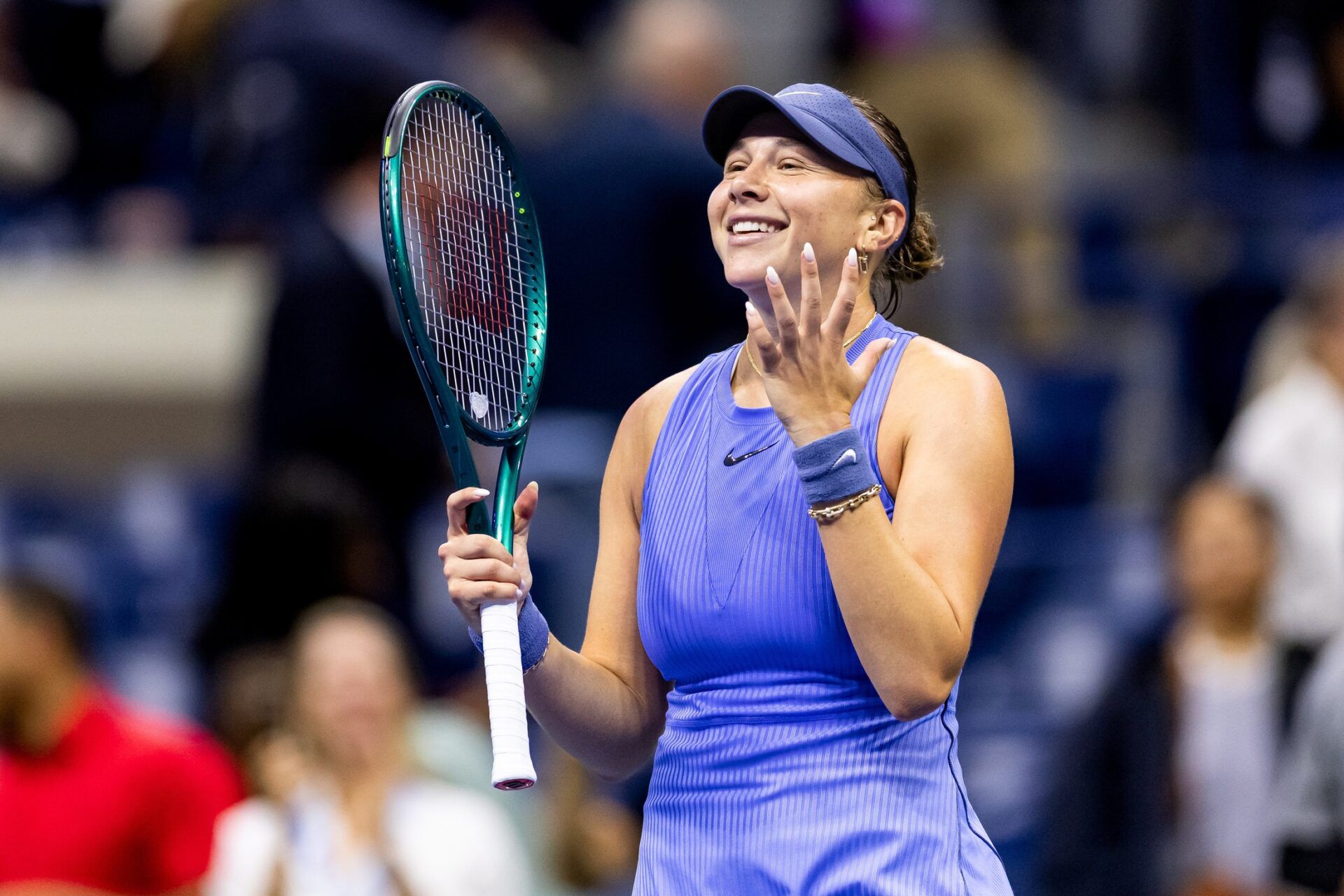 Amanda Anisimova of the United States celebrates her victory over Naomi Osaka of Japan in the semifinal of the women’s singles at the US Open at Arthur Ashe Stadium in Billie Jean King National Tennis Center.
