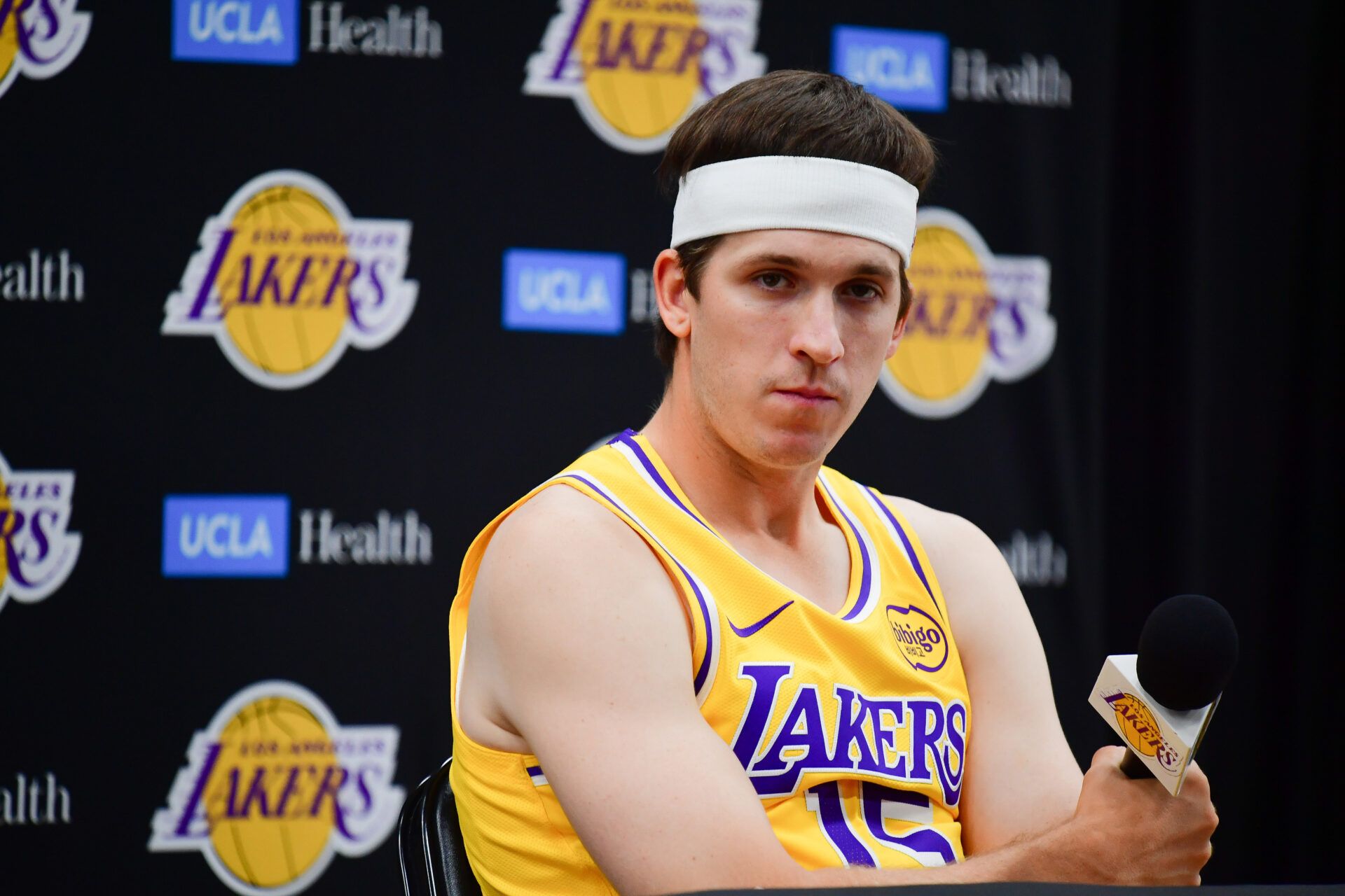 Los Angeles Lakers guard Austin Reaves (15) during media day at UCLA Health Training Center.