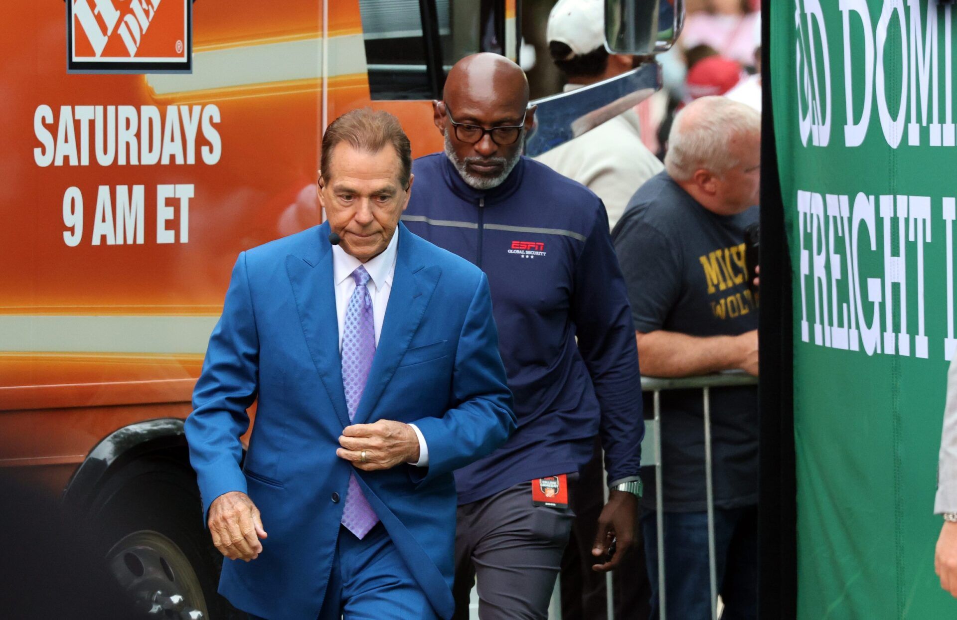 Nick Saban moves between stages at ESPN College GameDay ahead of the University of Oklahoma-Michigan College football game on Sep 6, 2025 in Norman.