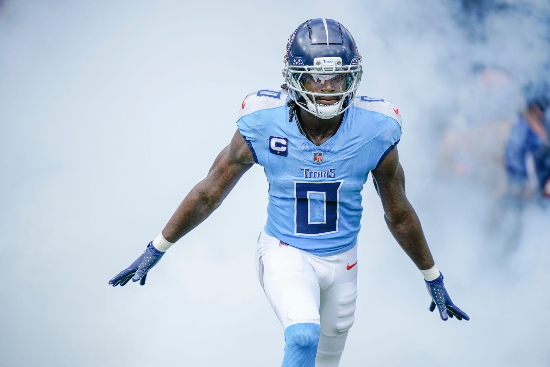 Tennessee Titans wide receiver Calvin Ridley (0) takes the field before the game against the Los Angeles Rams at Nissan Stadium in Nashville, Tenn., Sunday, Sept. 14, 2025.