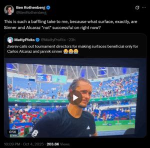 Fans Lash Out at Alexander Zverev as German Echoes Roger Federer's Statements on Court Conditions Favoring Carlos Alcaraz and Jannik Sinner Screengrab of comments on X