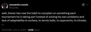 Fans Lash Out at Alexander Zverev as German Echoes Roger Federer's Statements on Court Conditions Favoring Carlos Alcaraz and Jannik Sinner Screengrab of comments on X