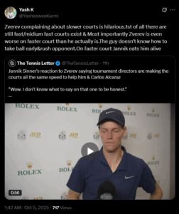 Fans Lash Out at Alexander Zverev as German Echoes Roger Federer's Statements on Court Conditions Favoring Carlos Alcaraz and Jannik Sinner Screengrab of comments on X