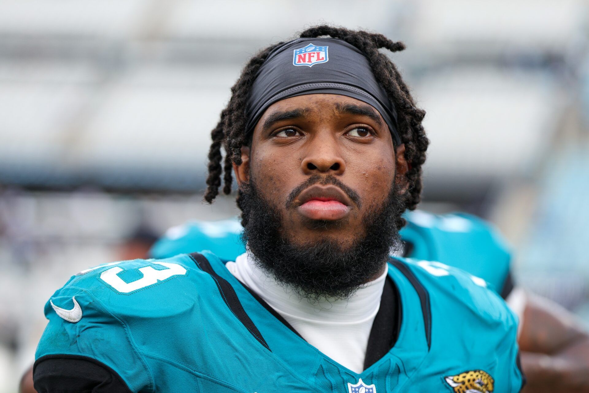 Jacksonville Jaguars running back Bhayshul Tuten (33) looks on after a game against the Carolina Panthers at EverBank Stadium.