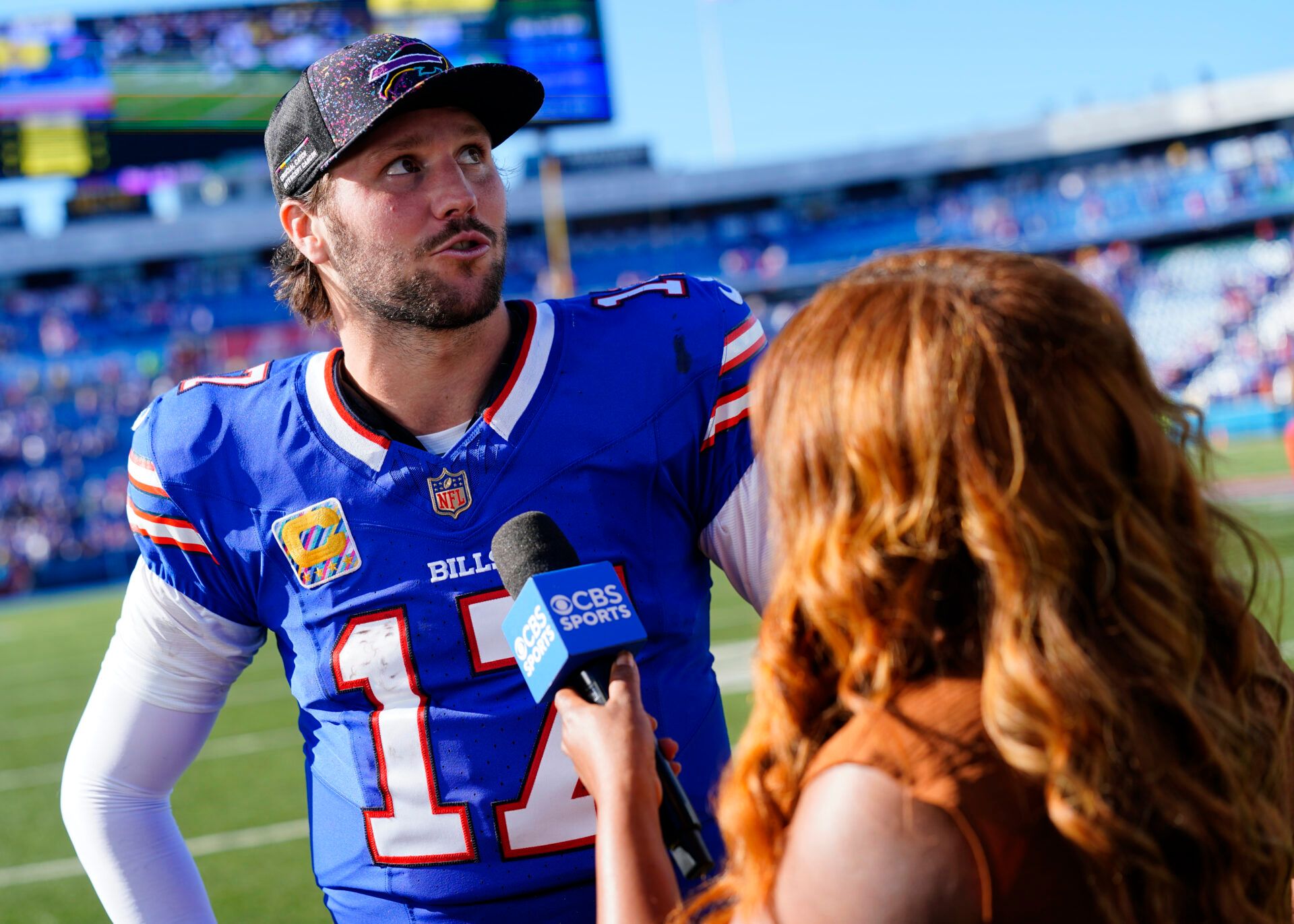 Buffalo Bills quarterback Josh Allen (17) is interviewed following a win over the New Orleans Saints at Highmark Stadium.