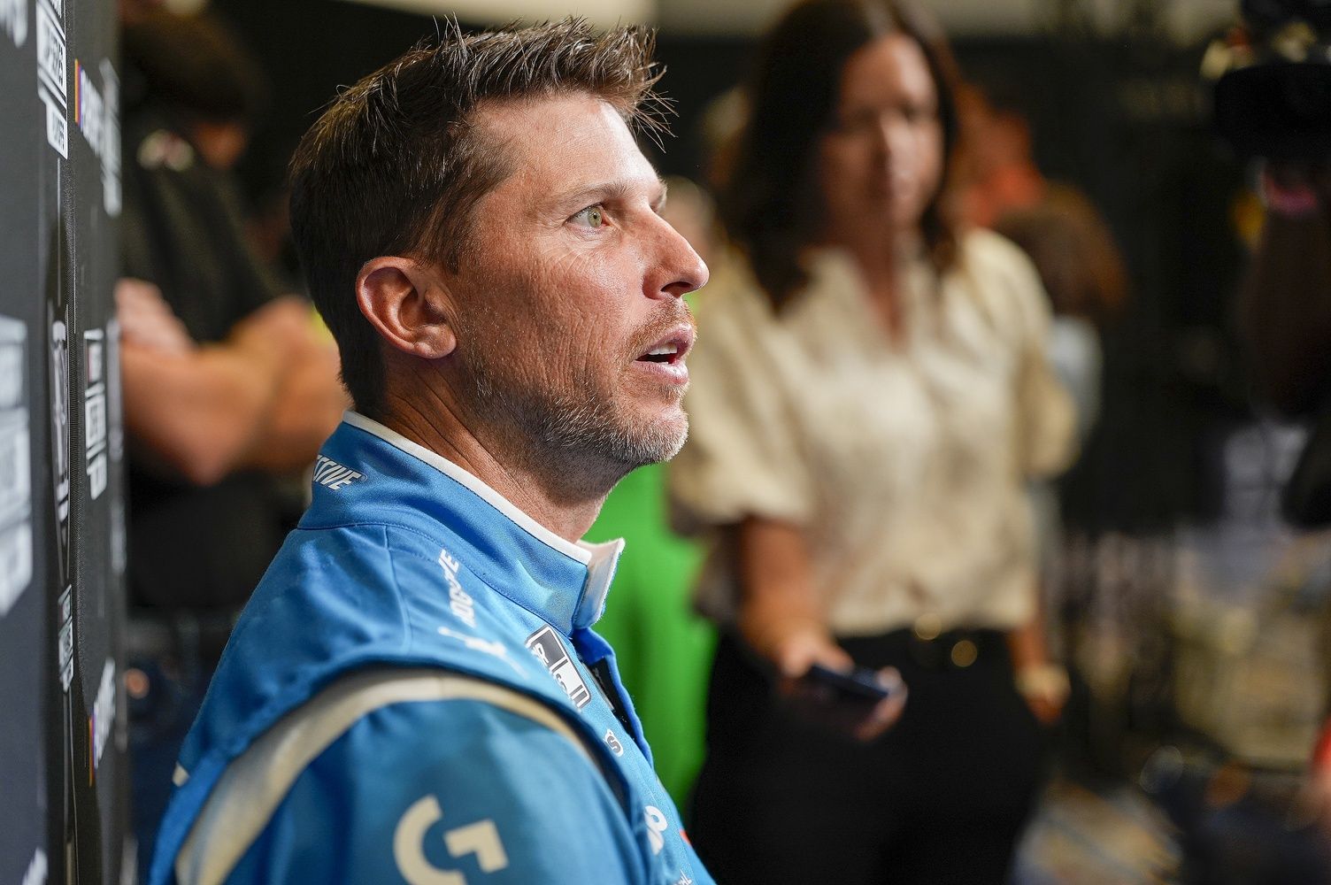 Denny Hamlin answers questions from the media  during NASCAR Cup Series Playoff Media Day at Charlotte Convention Center.