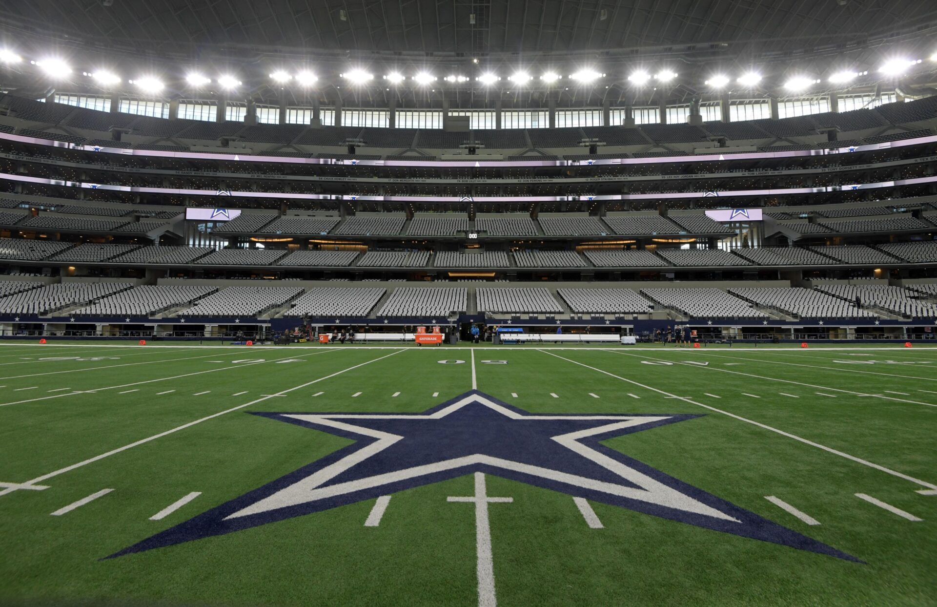 General overall view of the Dallas Cowboys logo at midfield during an NFL football game between the Washington Redskins and the Cowboys at AT&T Stadium.