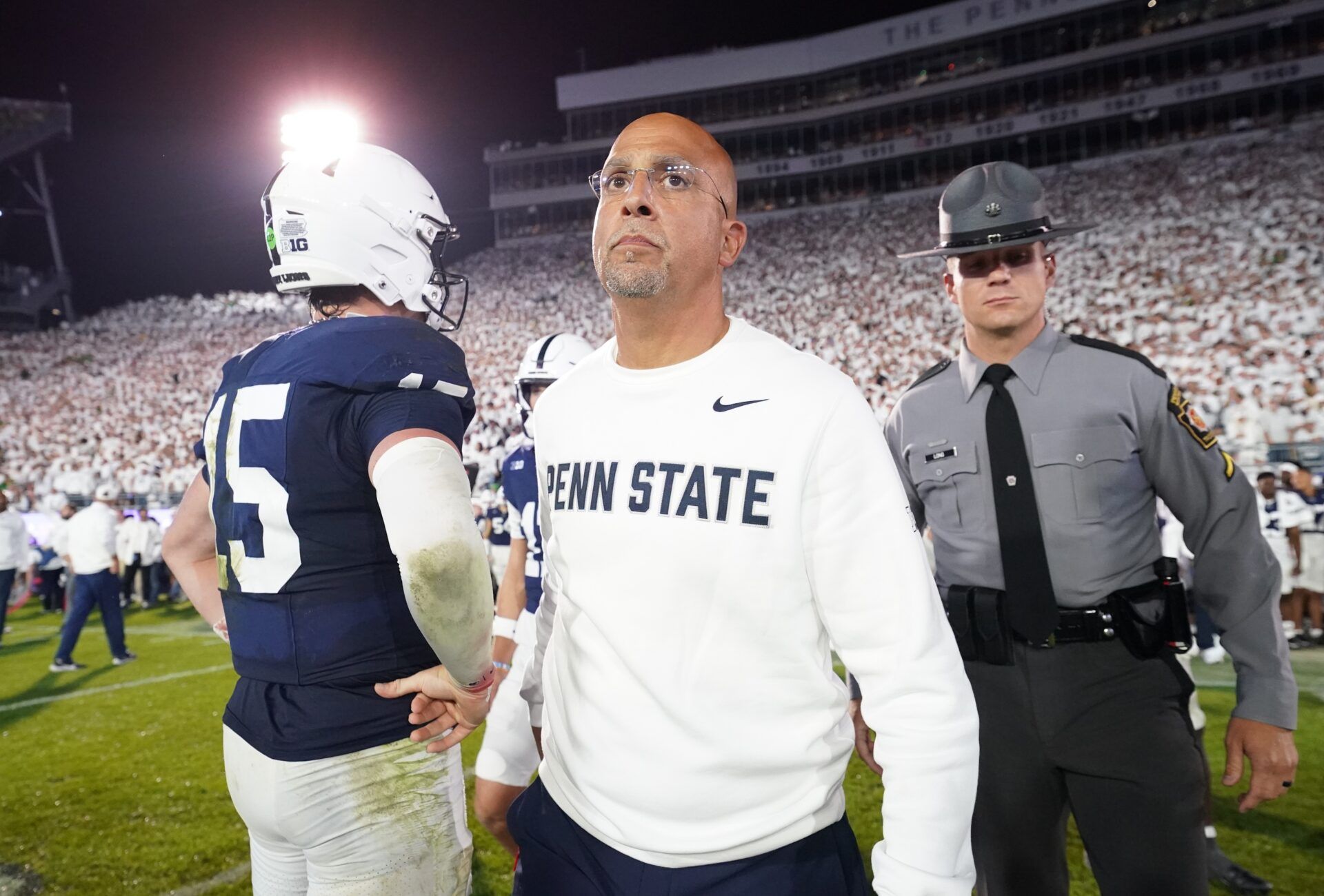 Penn State Nittany Lions head coach James Franklin and quarterback Drew Allar (15) react after losing to the Oregon Ducks at Beaver Stadium.