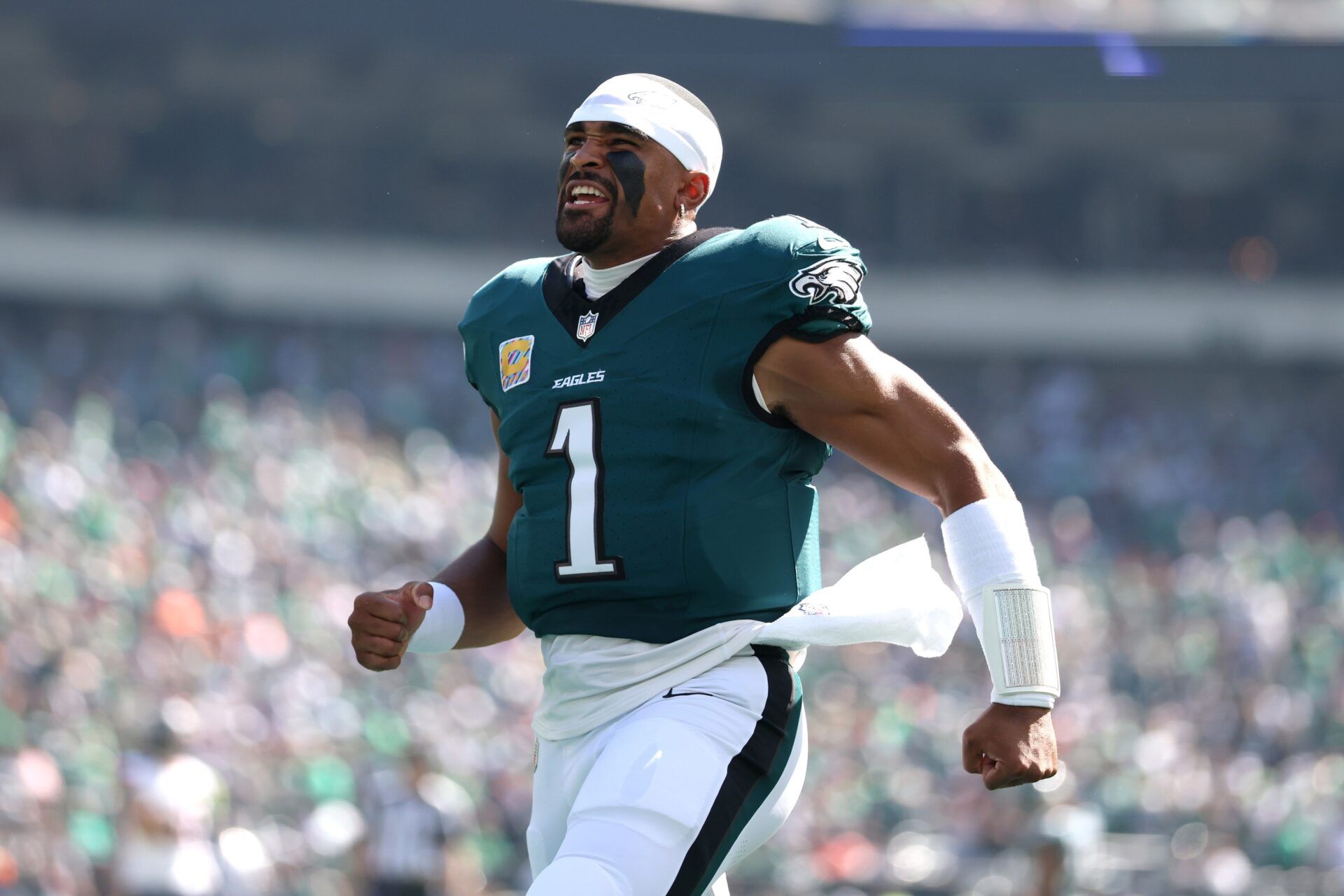 Philadelphia Eagles quarterback Jalen Hurts (1) reacts in the first quarter against the Denver Broncos at Lincoln Financial Field.