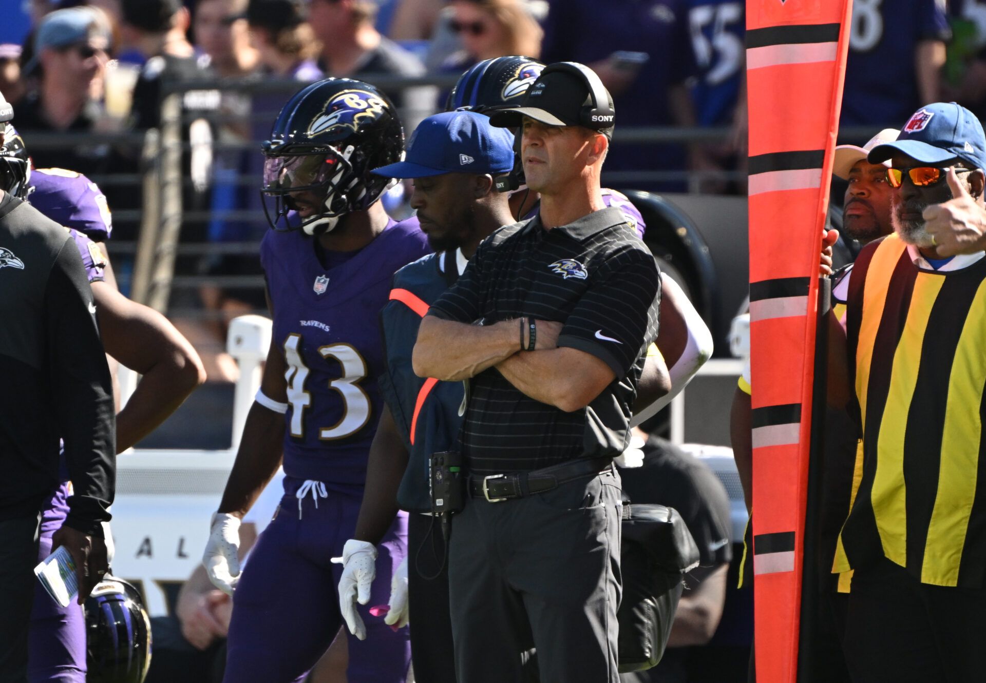 Baltimore Ravens head coach John Harbaugh stands on the sidelines during the third quarter against the Houston Texans at M&T Bank Stadium.