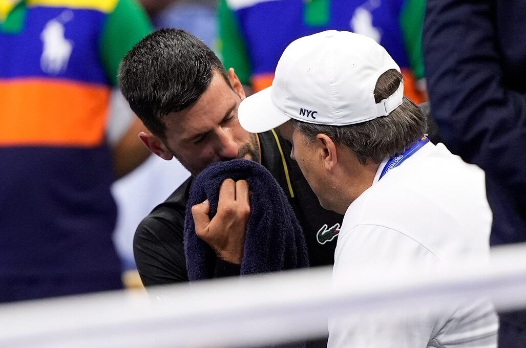 Novak Djokovic (SRB) talks to medical staff and leaves the court for a medical timeout while playing Cameron Norrie (GBR) (not pictured) on day six of the 2025 U.S. Open tennis tournament at the USTA Billie Jean King National Tennis Center.