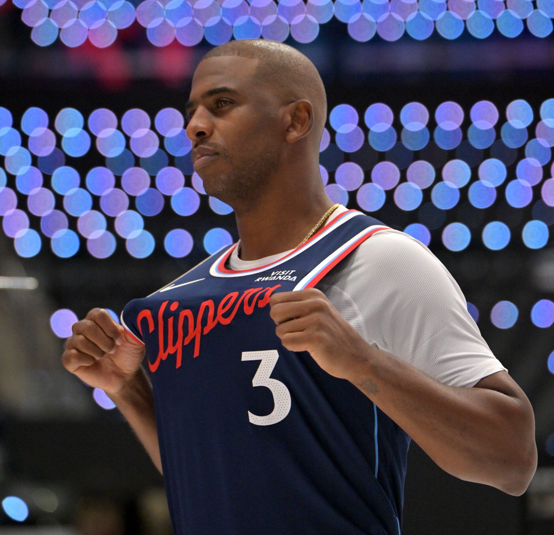 Los Angeles Clippers guard Chris Paul (3) poses during media day at Intuit Dome.