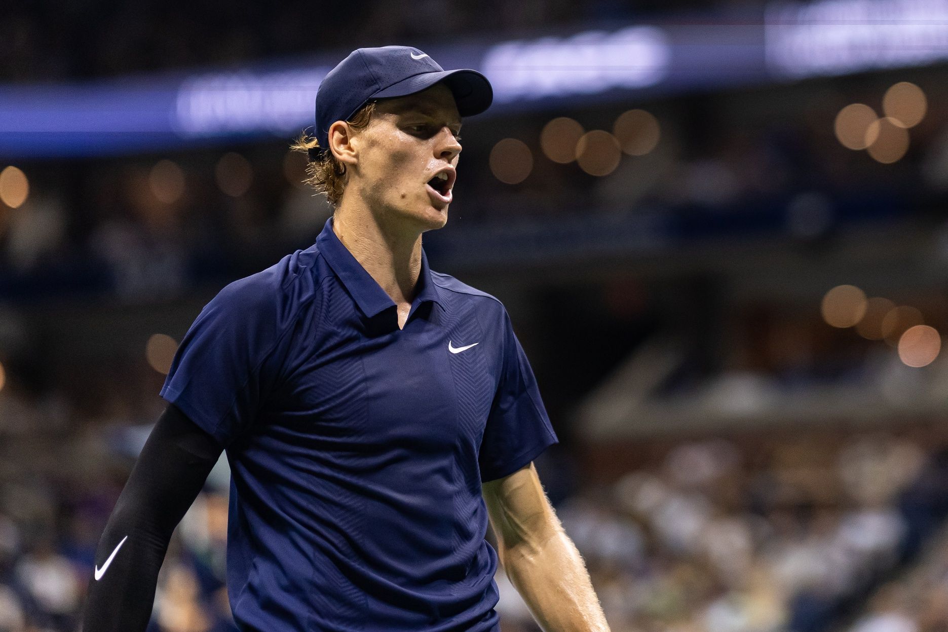 Jannik Sinner of Italy in action against Felix Auger-Aliassime of Canada in the semifinal of the men’s singles at the US Open at Arthur Ashe Stadium in Billie Jean King National Tennis Center.