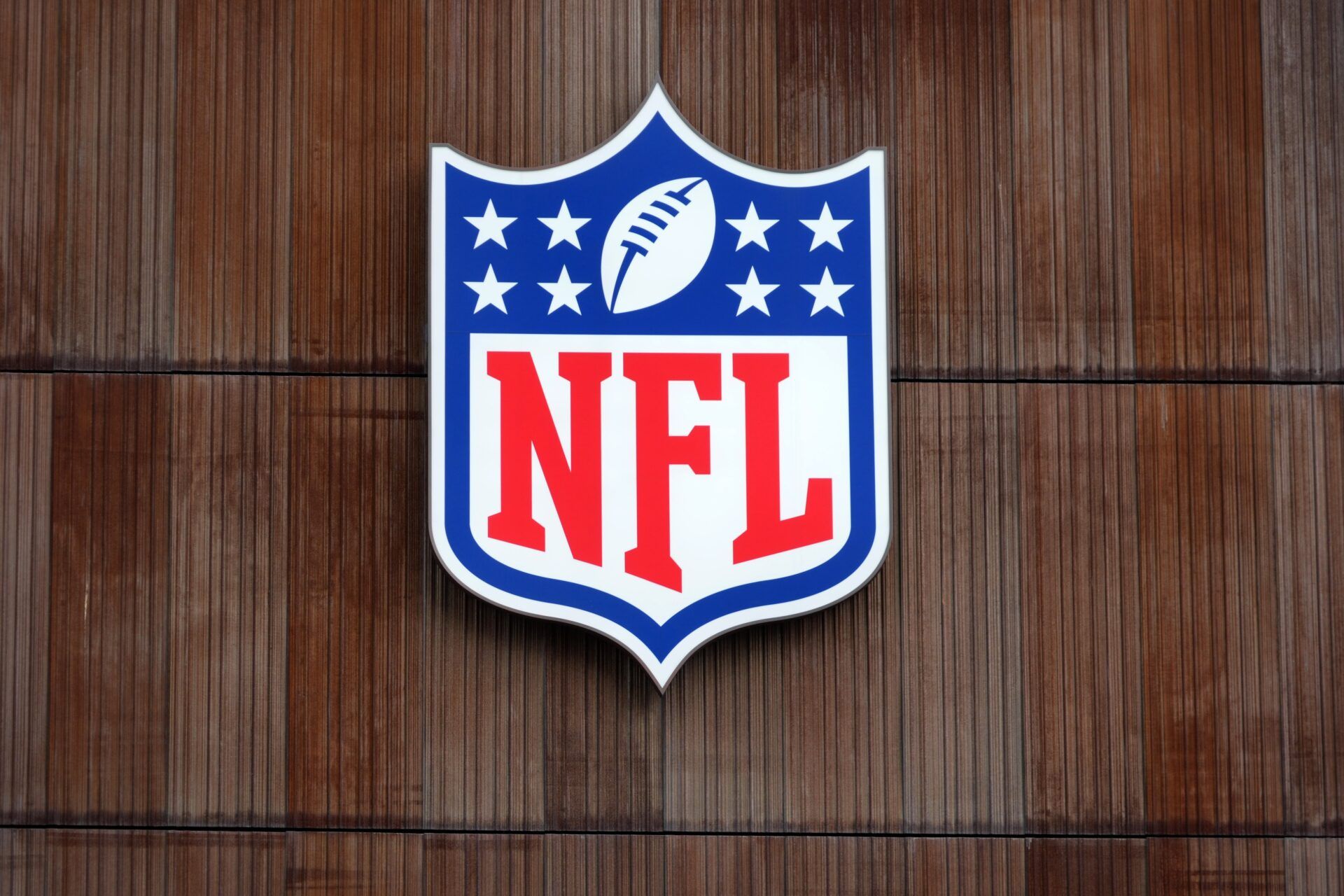 The NFL shield logo at Tottenham Hotspur Stadium. The stadium is the site of the 2025 NFL London Games between the Minnesota Vikings and the Cleveland Browns and Denver Broncos and the New York Jets.