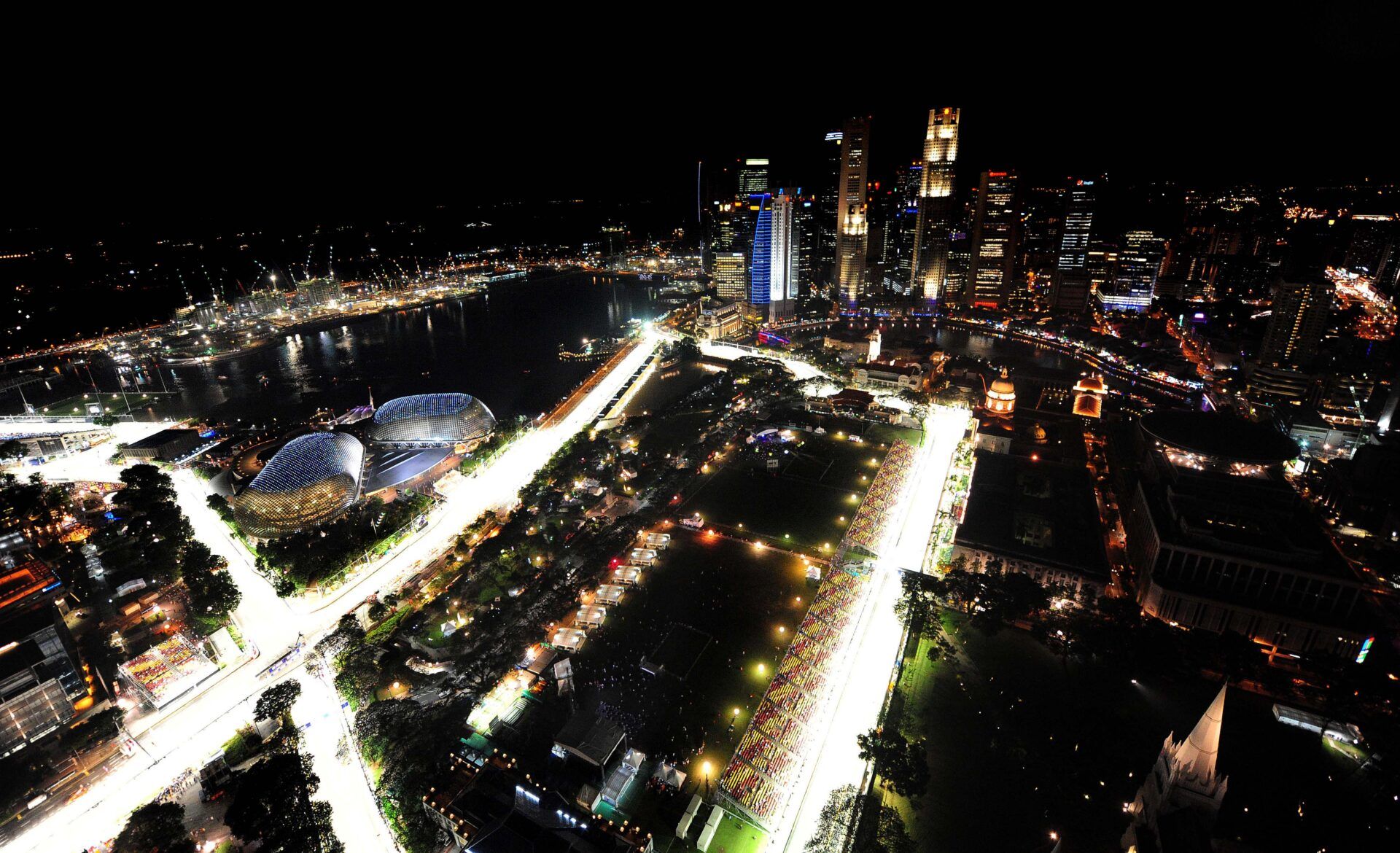 A wide view of the city and race track during practice for the 2008 Singapore Grand Prix in Singapore.
