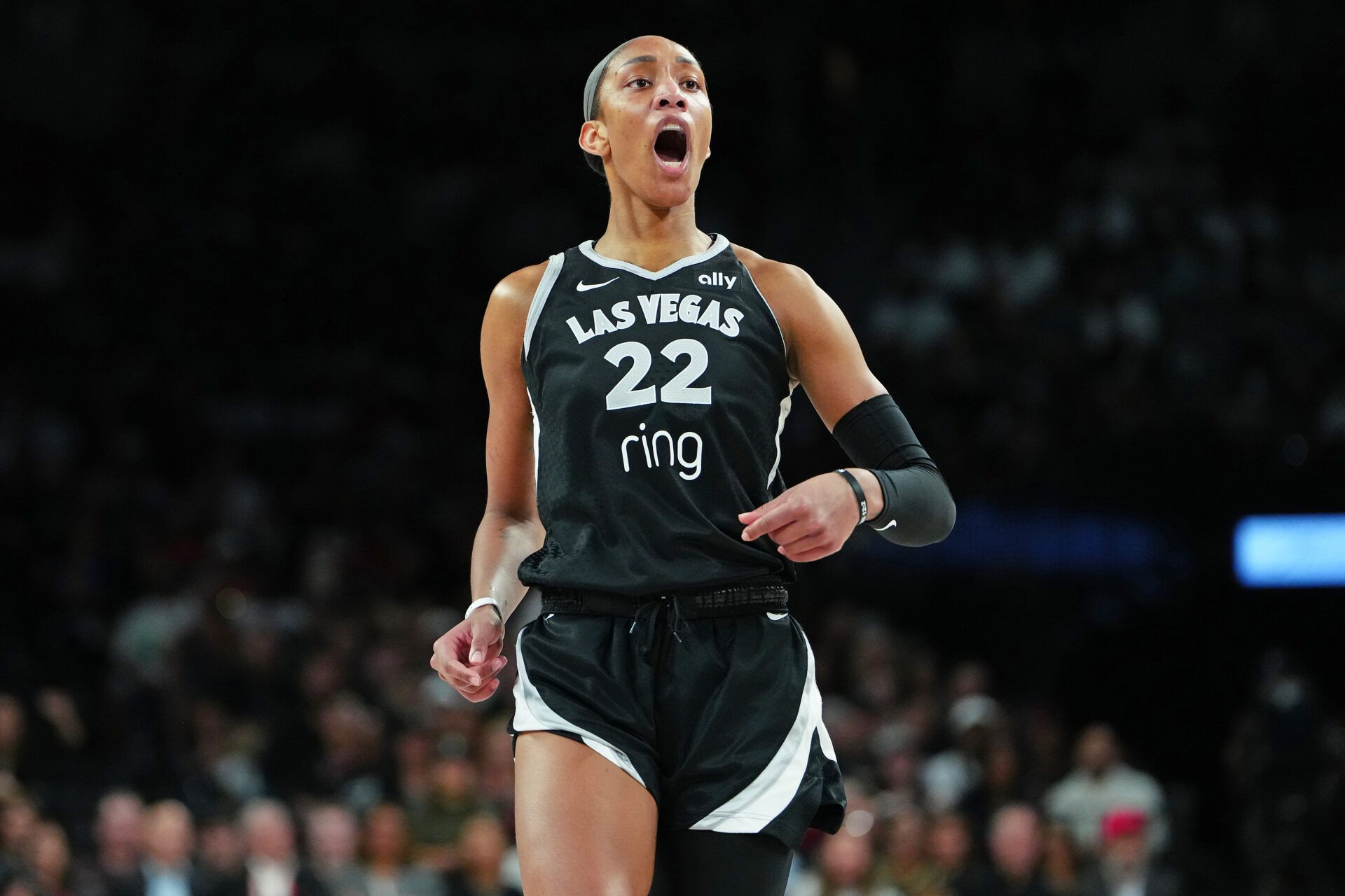 Las Vegas Aces center A'ja Wilson (22) reacts after missing a basket against the Phoenix Mercury during the third quarter of game one of the 2025 WNBA Finals at Michelob Ultra Arena.