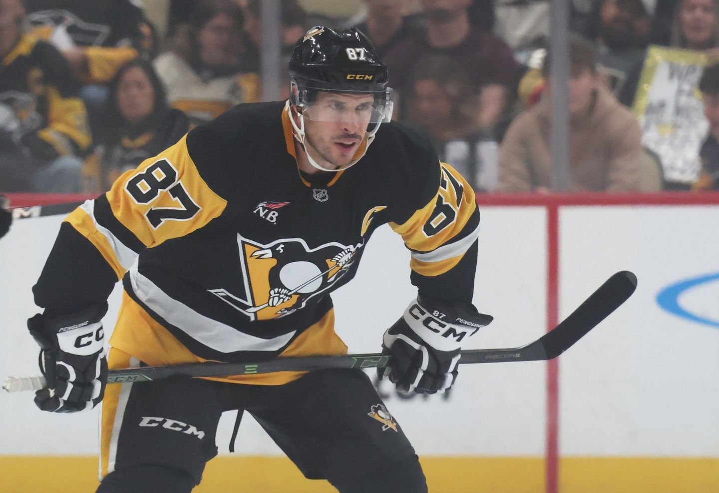 Pittsburgh Penguins center Sidney Crosby (87) prepares to take a face-off against the Columbus Blue Jackets at PPG Paints Arena.