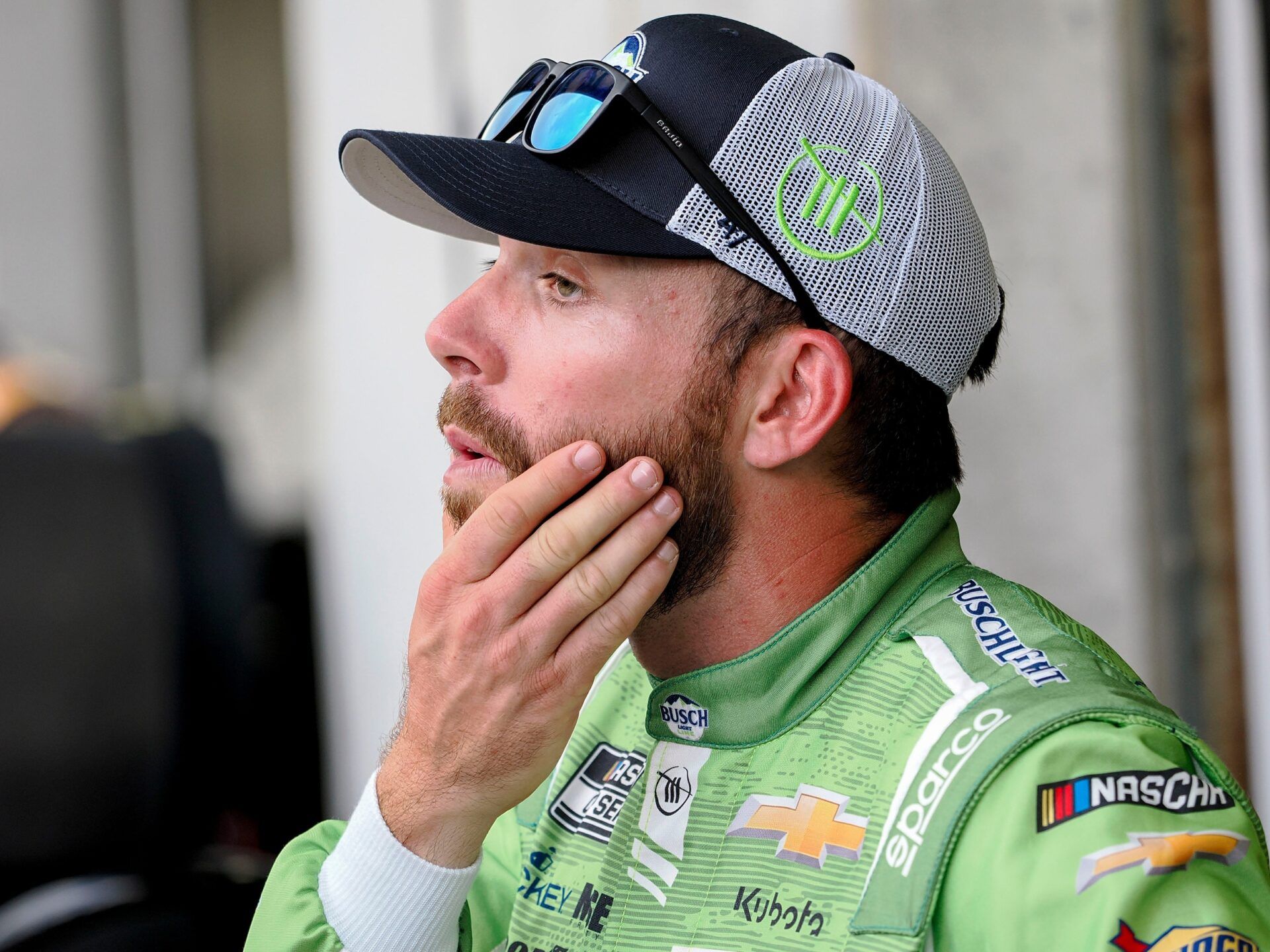 NASCAR Cup Series driver Ross Chastain (1) sits by his garage Friday, July 25, 2025, ahead of practice at Indianapolis Motor Speedway in preparation for the Brickyard 400. Cup practice was cancelled due weather in the area.