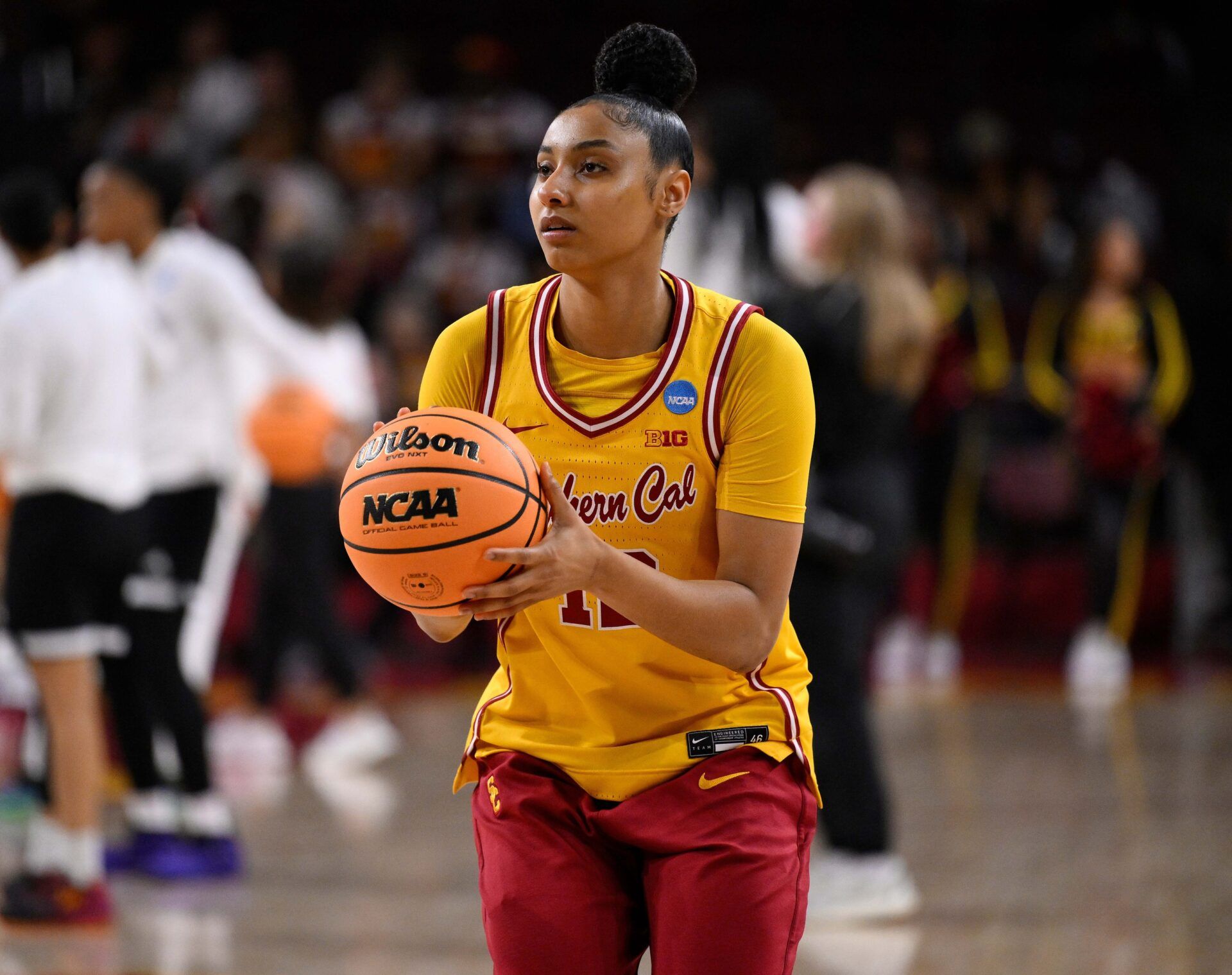 USC Trojans guard JuJu Watkins (12) during pregame warmups before an NCAA Tournament second round game against the Mississippi State Bulldogs at Galen Center.