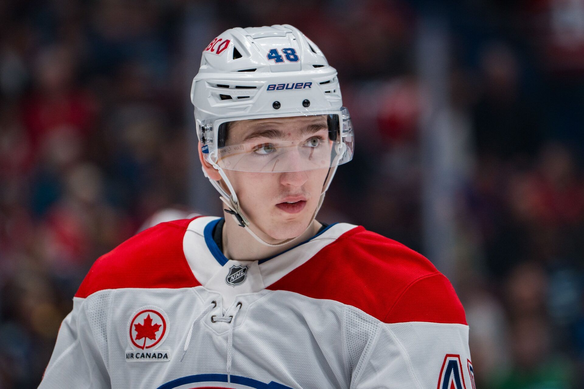 Montreal Canadiens defenseman Lane Hutson (48) during a stop in play against the Vancouver Canucks in the second period at Rogers Arena.