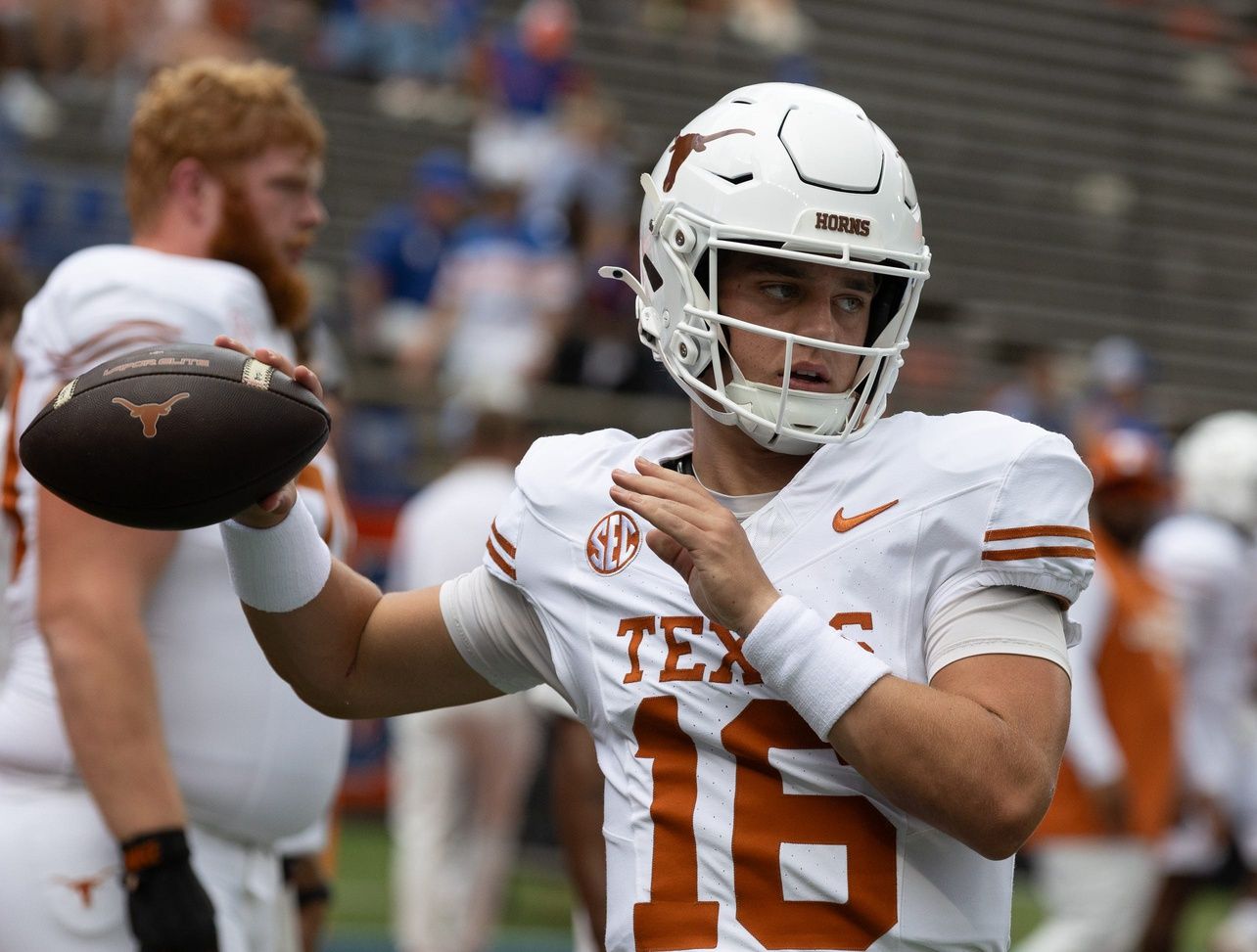 Texas quarterback Arch Manning (16) warms up before an NCAA football game against Florida in Gainesville, FL on Saturday, October 4, 2025. [Alan Youngblood/Gainesville Sun]