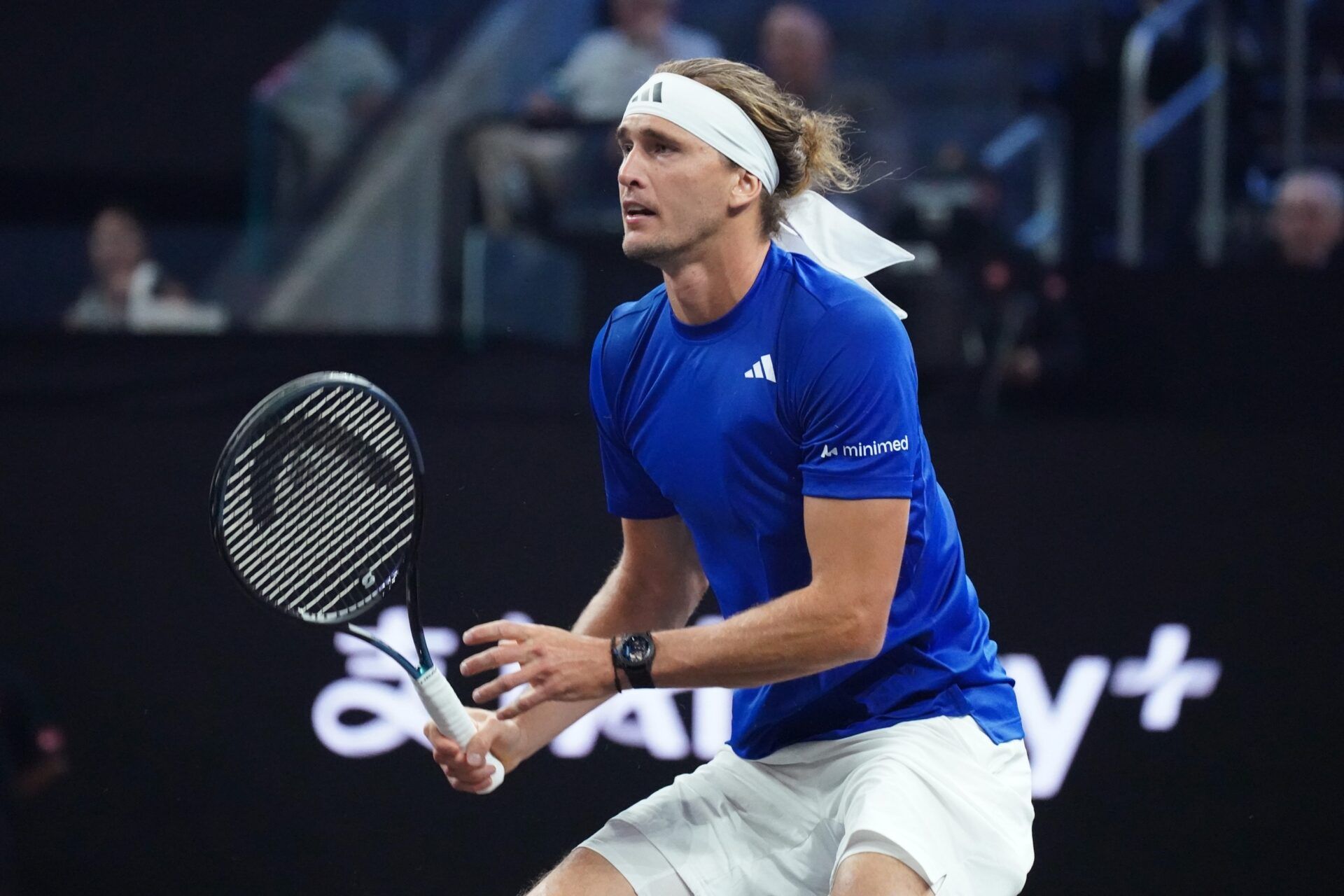 Team Europe player Alexander Zverev prepares for a return from Team World Player Alexander de Minaur during the Laver Cup at Chase Center.