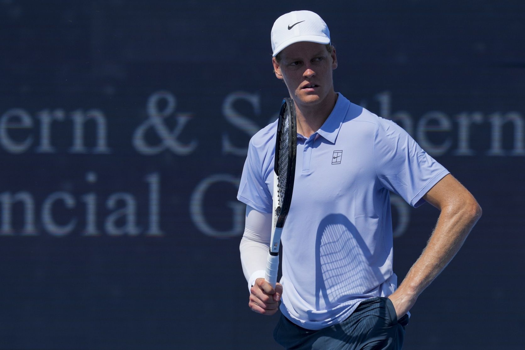 Cincinnati, OH, USA;  Jannik Sinner (ITA) reacts after returning a shot against Terence Atmane (FRA) during the Cincinnati Open at the Lindner Family Tennis Center.