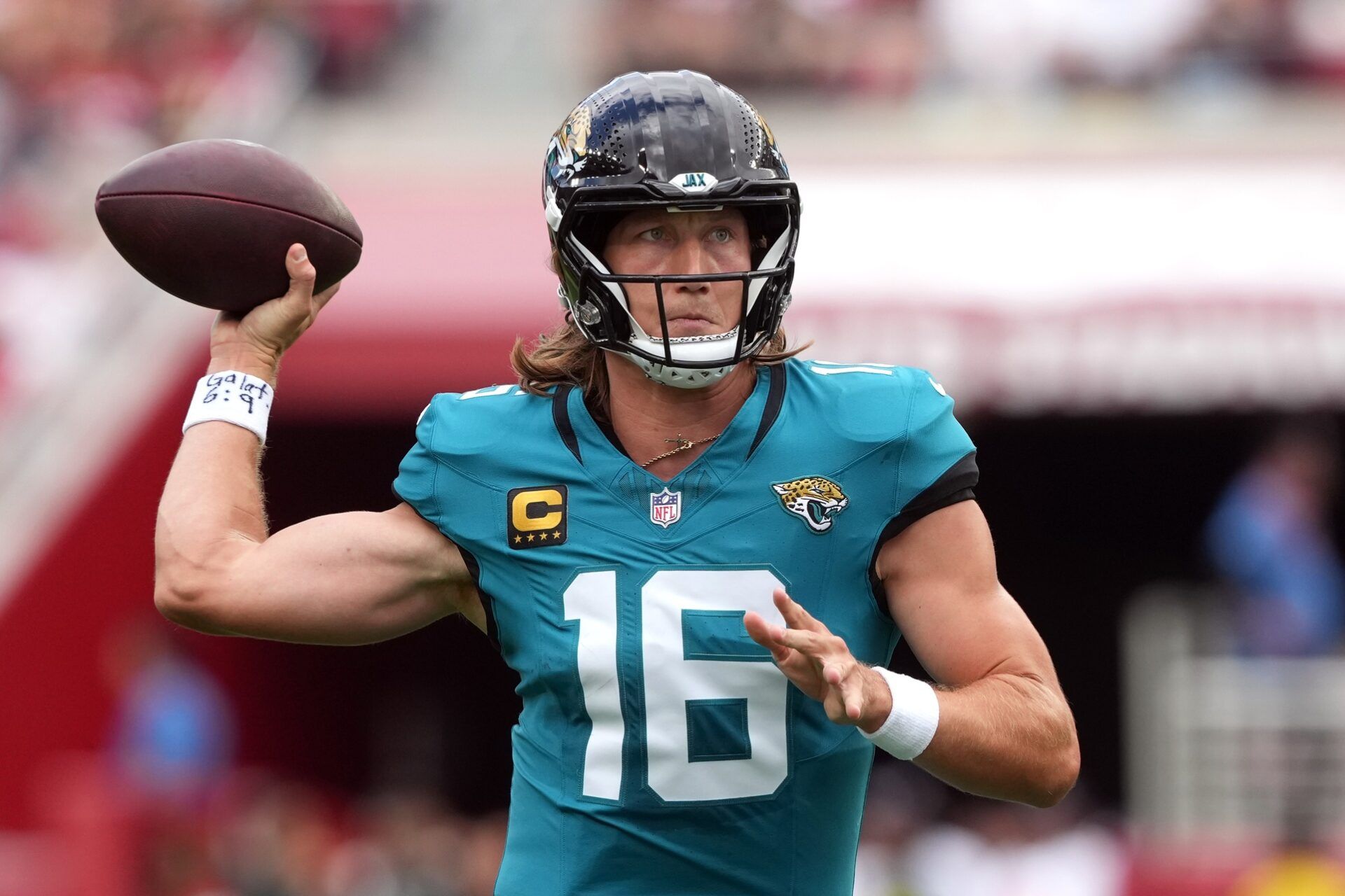 Jacksonville Jaguars quarterback Trevor Lawrence (16) passes against the San Francisco 49ers during the second quarter at Levi's Stadium.