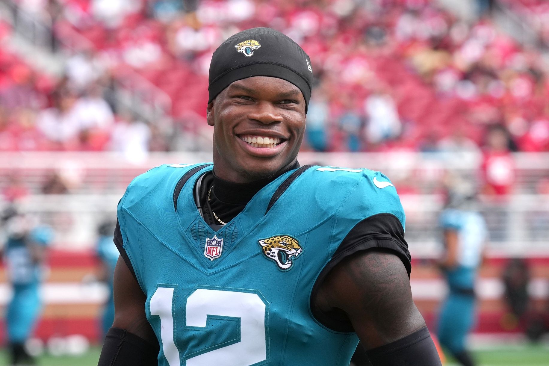Jacksonville Jaguars wide receiver Travis Hunter (12) before the game against the San Francisco 49ers at Levi's Stadium.