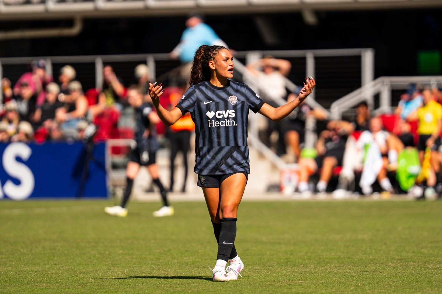 Washington Spirit forward Trinity Rodman (2) reacts to a call in the second half against San Diego Wave FC at Audi Field.