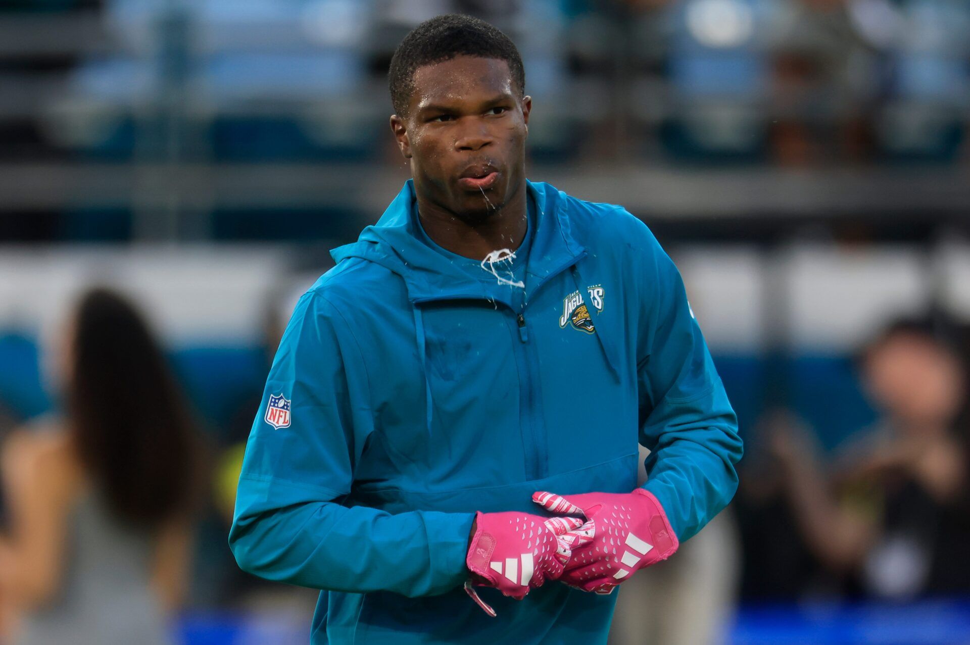 Jacksonville Jaguars wide receiver Travis Hunter (12) spits before an NFL football matchup at EverBank Stadium, Monday, Oct. 6, 2025, in Jacksonville, Fla. [Corey Perrine/Florida Times-Union]