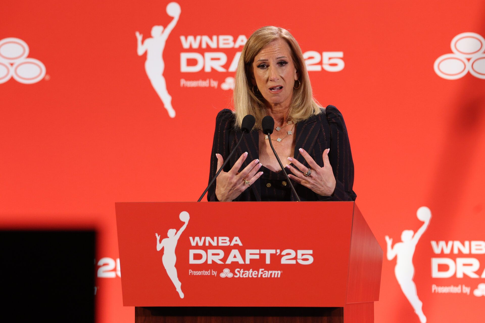WNBA commissioner Cathy Engelbert talks to the media before the 2025 WNBA Draft at The Shed at Hudson Yards.