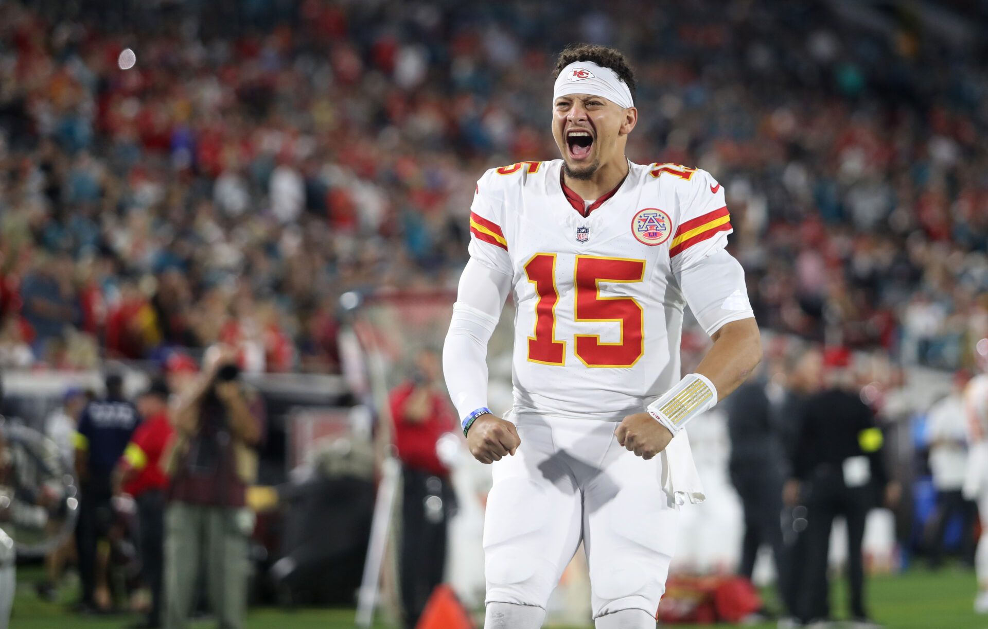 Kansas City Chiefs quarterback Patrick Mahomes (15) yells before a game against the Jacksonville Jaguars at EverBank Stadium.