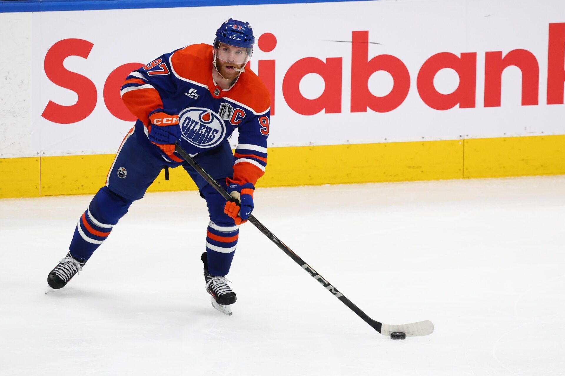 Edmonton Oilers center Connor McDavid (97) controls the puck during the second period against the Florida Panthers in game five of the 2025 Stanley Cup Final at Rogers Place.