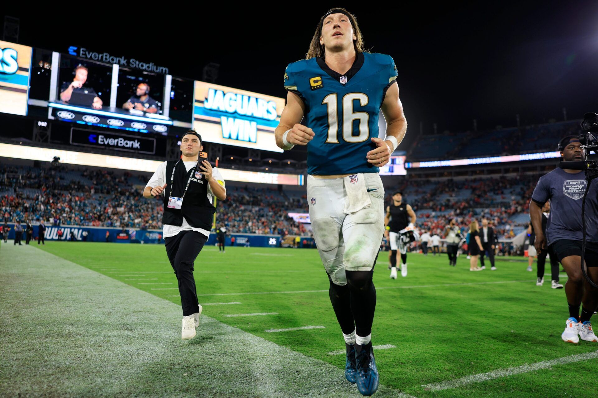 Jacksonville Jaguars quarterback Trevor Lawrence (16) runs off the field after the game of an NFL football matchup at EverBank Stadium, Monday, Oct. 6, 2025, in Jacksonville, Fla. The Jacksonville Jaguars edged the Kansas City Chiefs 31-28. [Corey Perrine/Florida Times-Union]