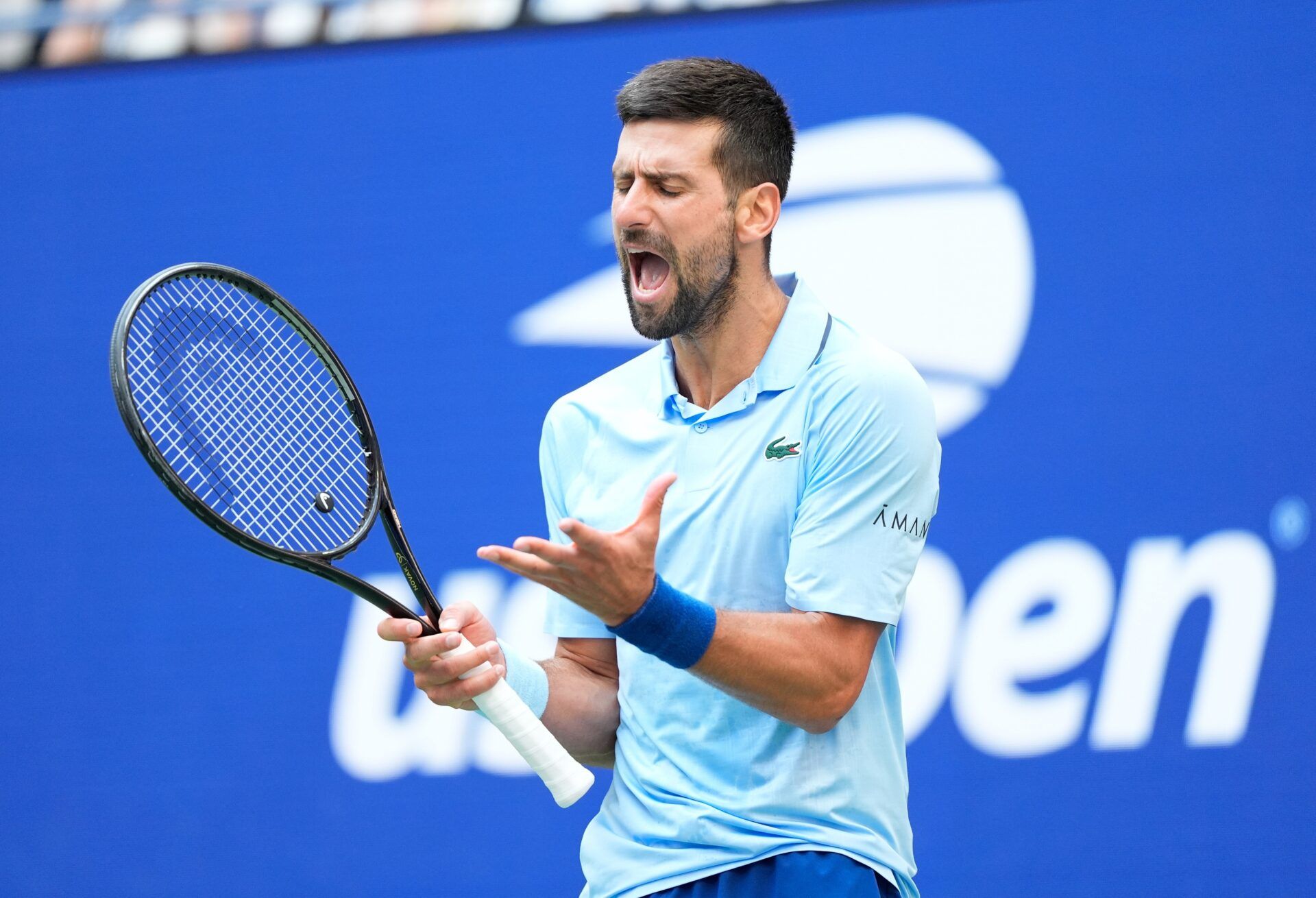 Flushing, NY, USA;  
Novak Djokovic (SRB) after a miss to Carlos Alcaraz (ESP) (not pictured) on day thirteen of the 2025 U.S. Open tennis tournament at the USTA Billie Jean King National Tennis Center.