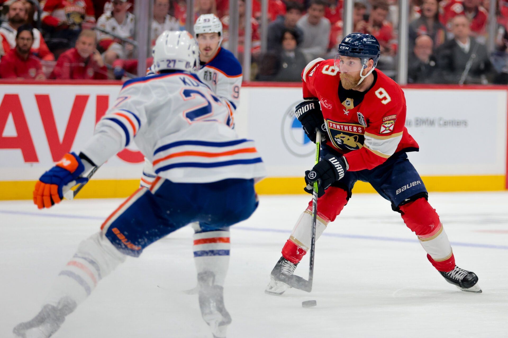 Florida Panthers center Sam Bennett (9) controls the puck against the Edmonton Oilers during the second period in game six of the 2025 Stanley Cup Final at Amerant Bank Arena.