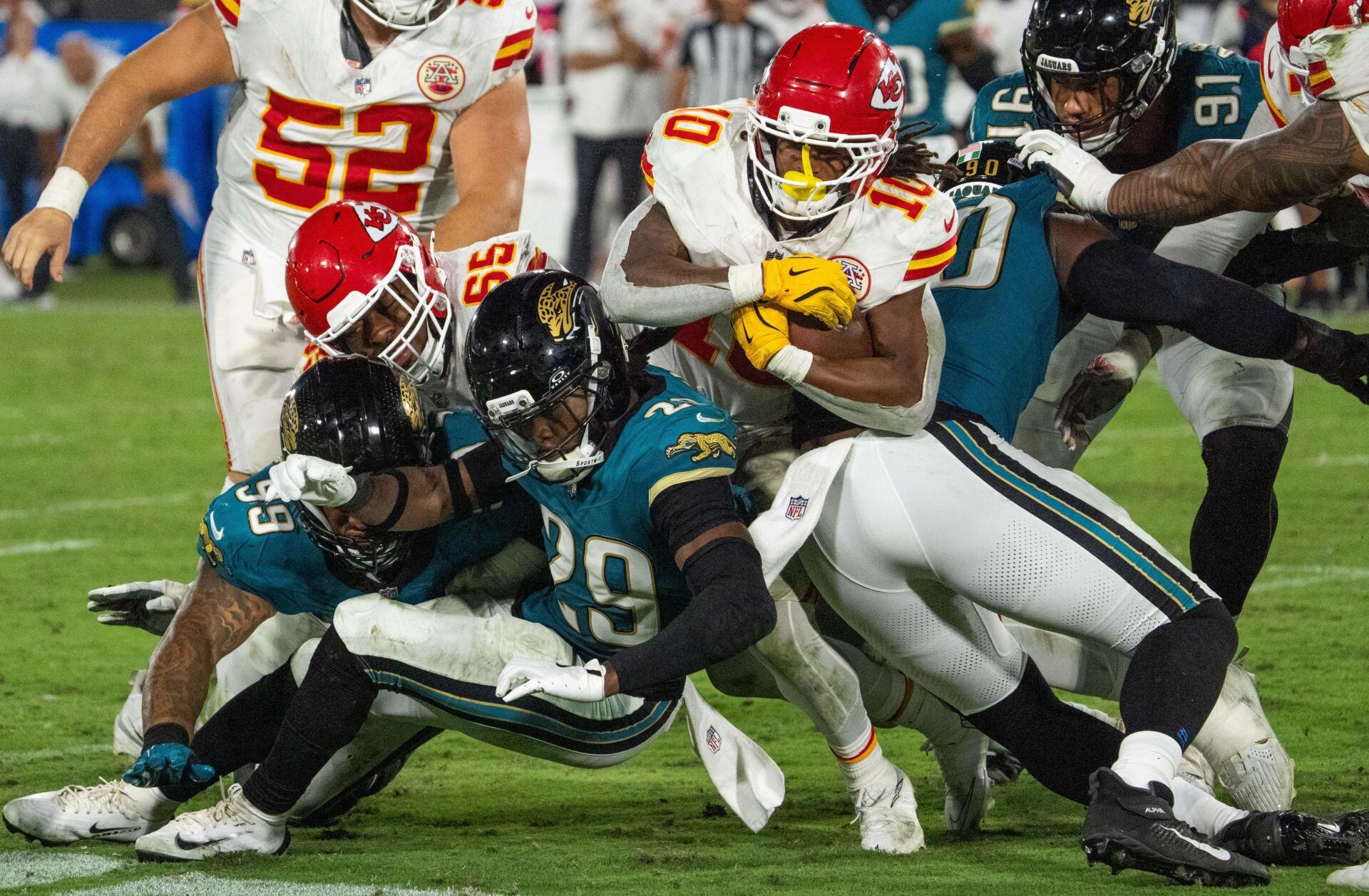 The Jaguars defense stops Kansas City Chiefs running back Isiah Pacheco (10) in the fourth quarter during a Monday Night NFL football game at EverBank Stadium, Monday, Oct. 6, 2025, in Jacksonville, Fla. [Doug EngleFlorida Times-Union]