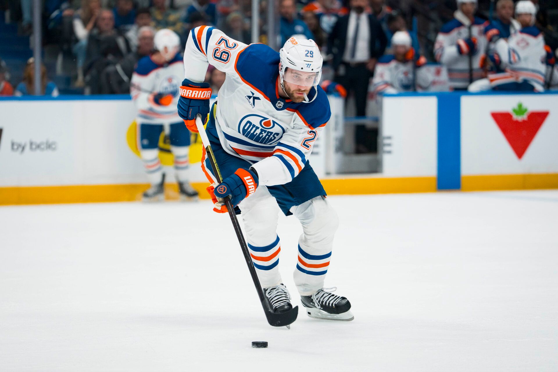 Edmonton Oilers forward Leon Draisaitl (29) handles the puck against the Vancouver Canucks in the first period at Rogers Arena.